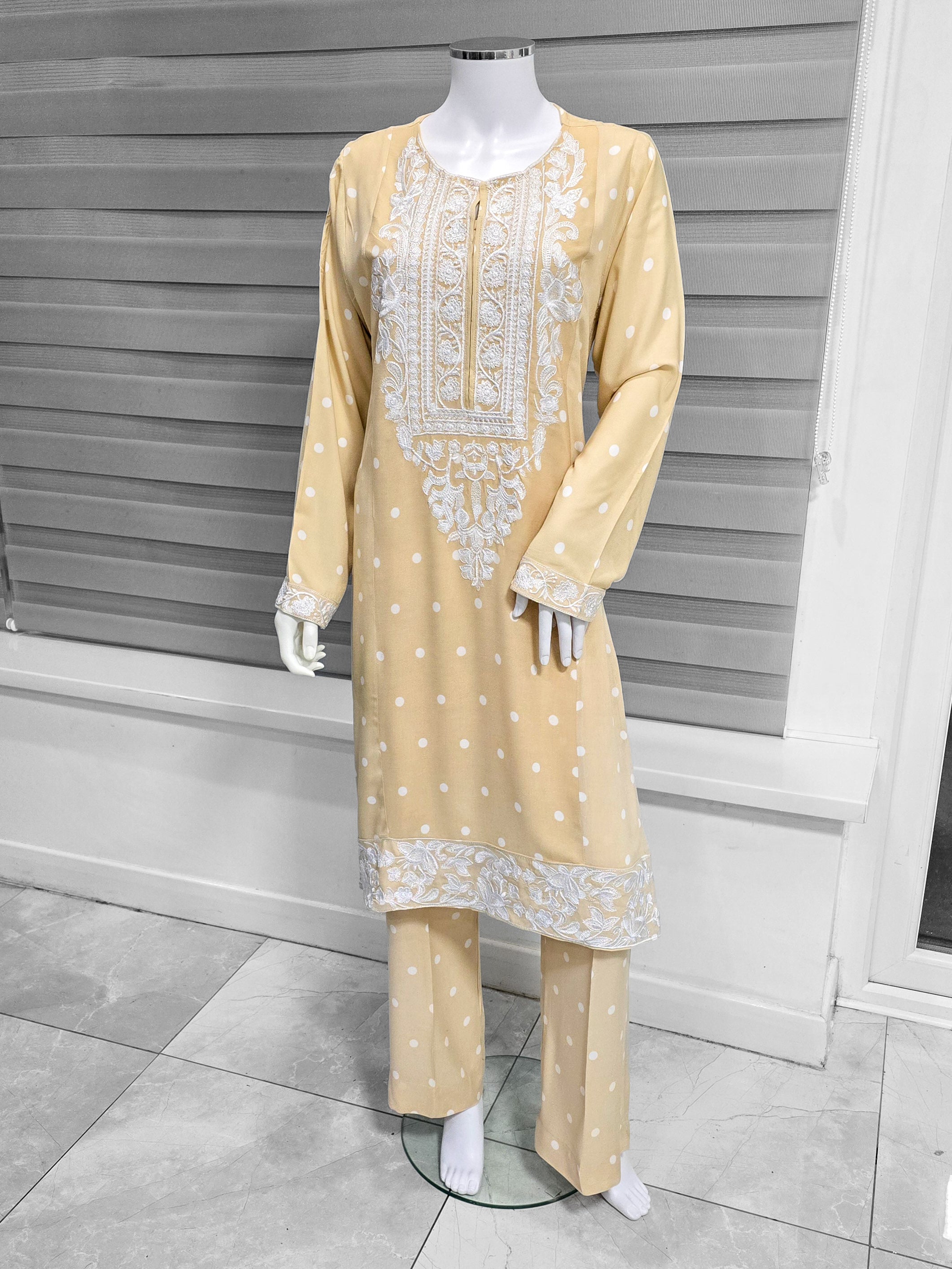 Embroidered Winter Georgette Casual 2-Piece Suit - Cream