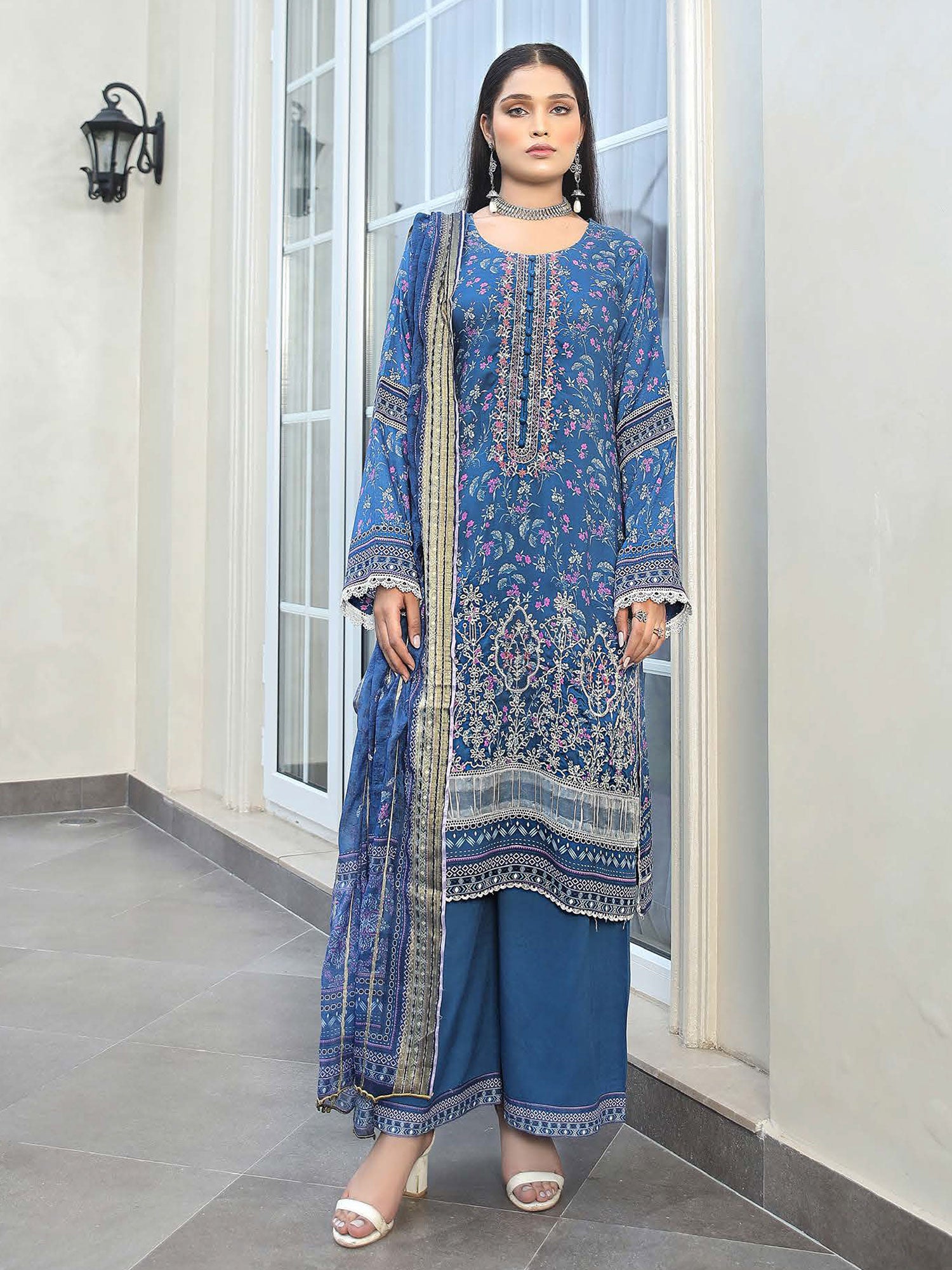 Munira Embroidered Winter Linen Suit (MSL-02) - Blue