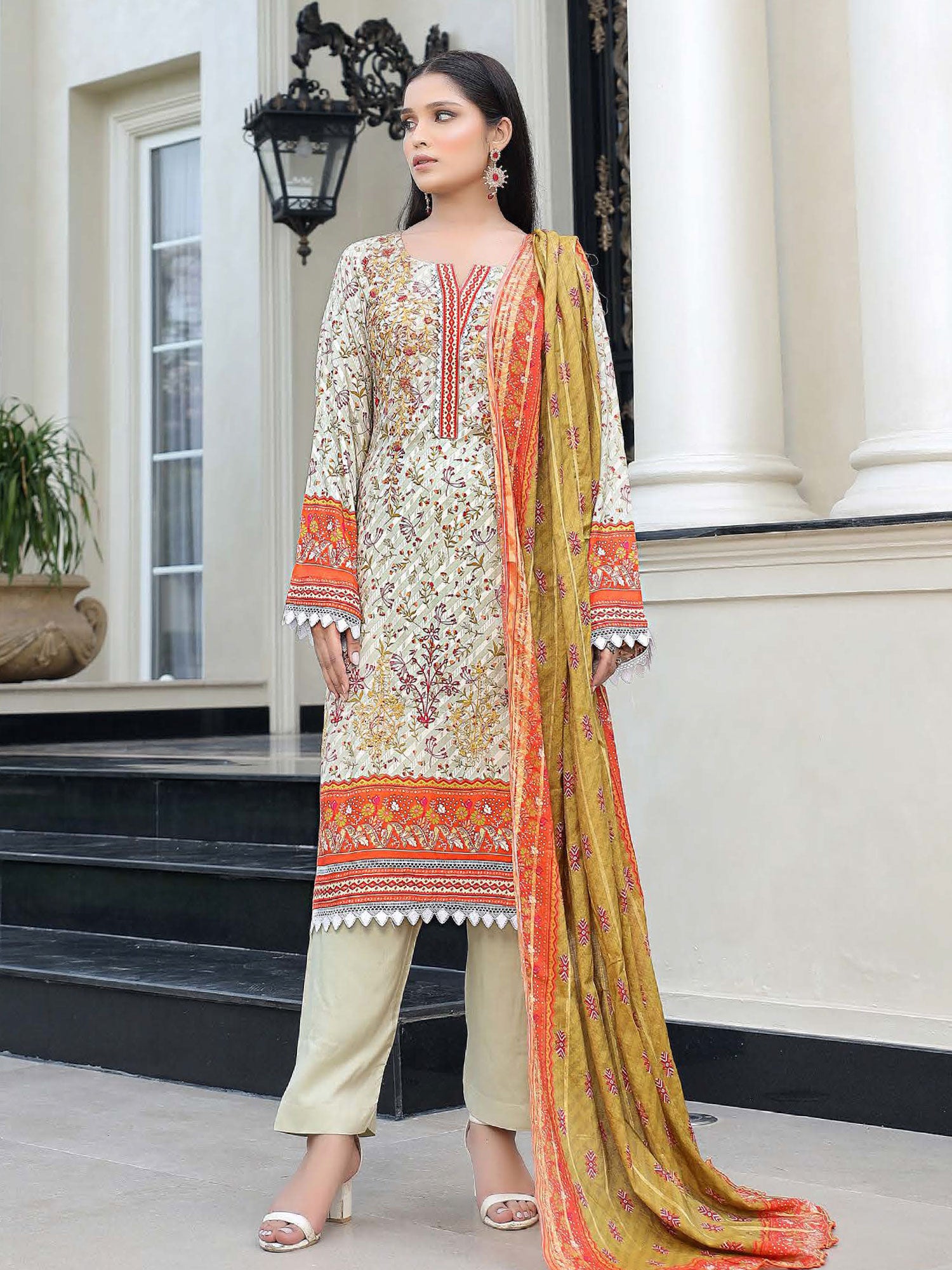 Munira Embroidered Winter Linen Suit (MSL-04) - Orange