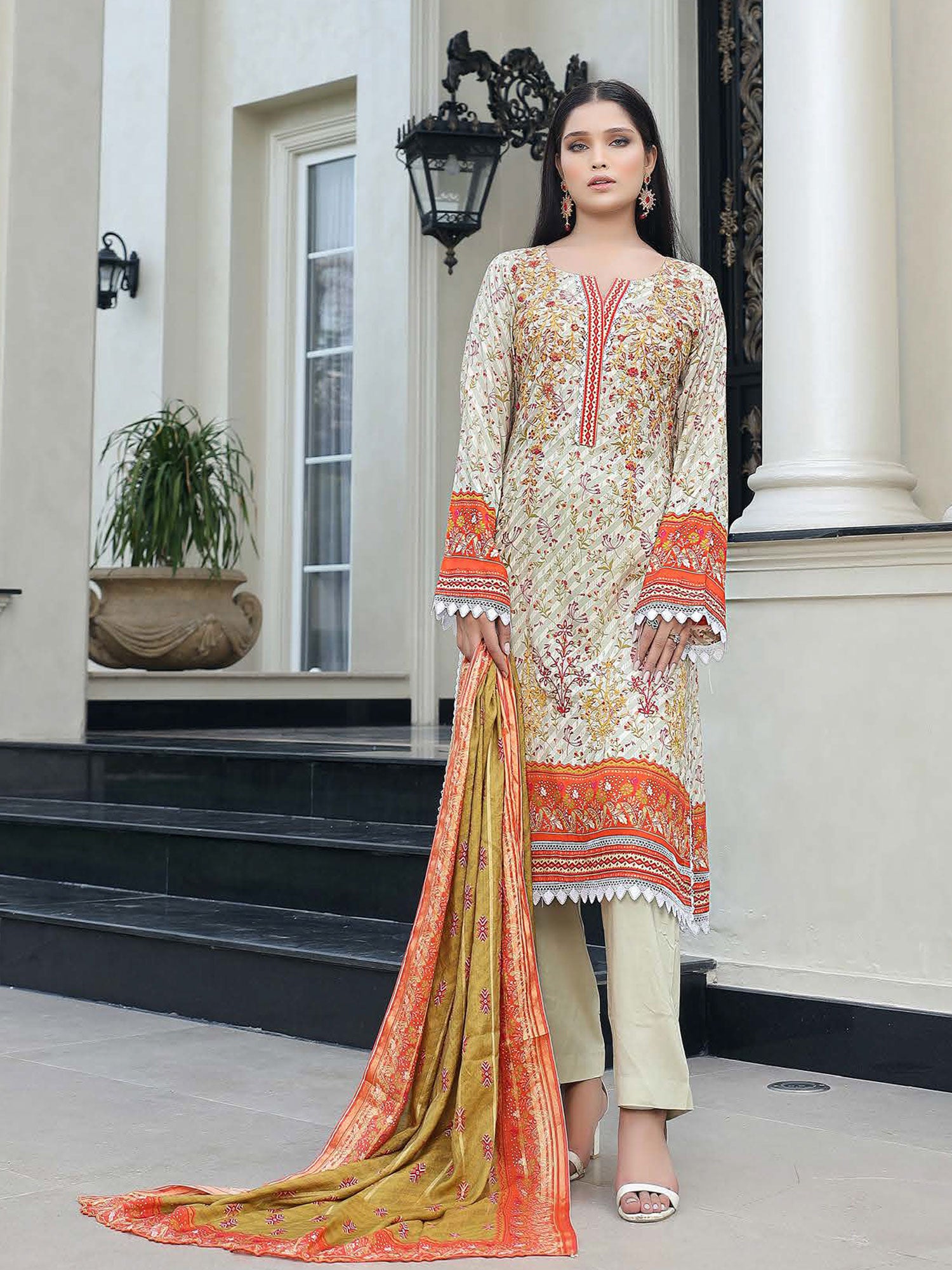 Munira Embroidered Winter Linen Suit (MSL-04) - Orange