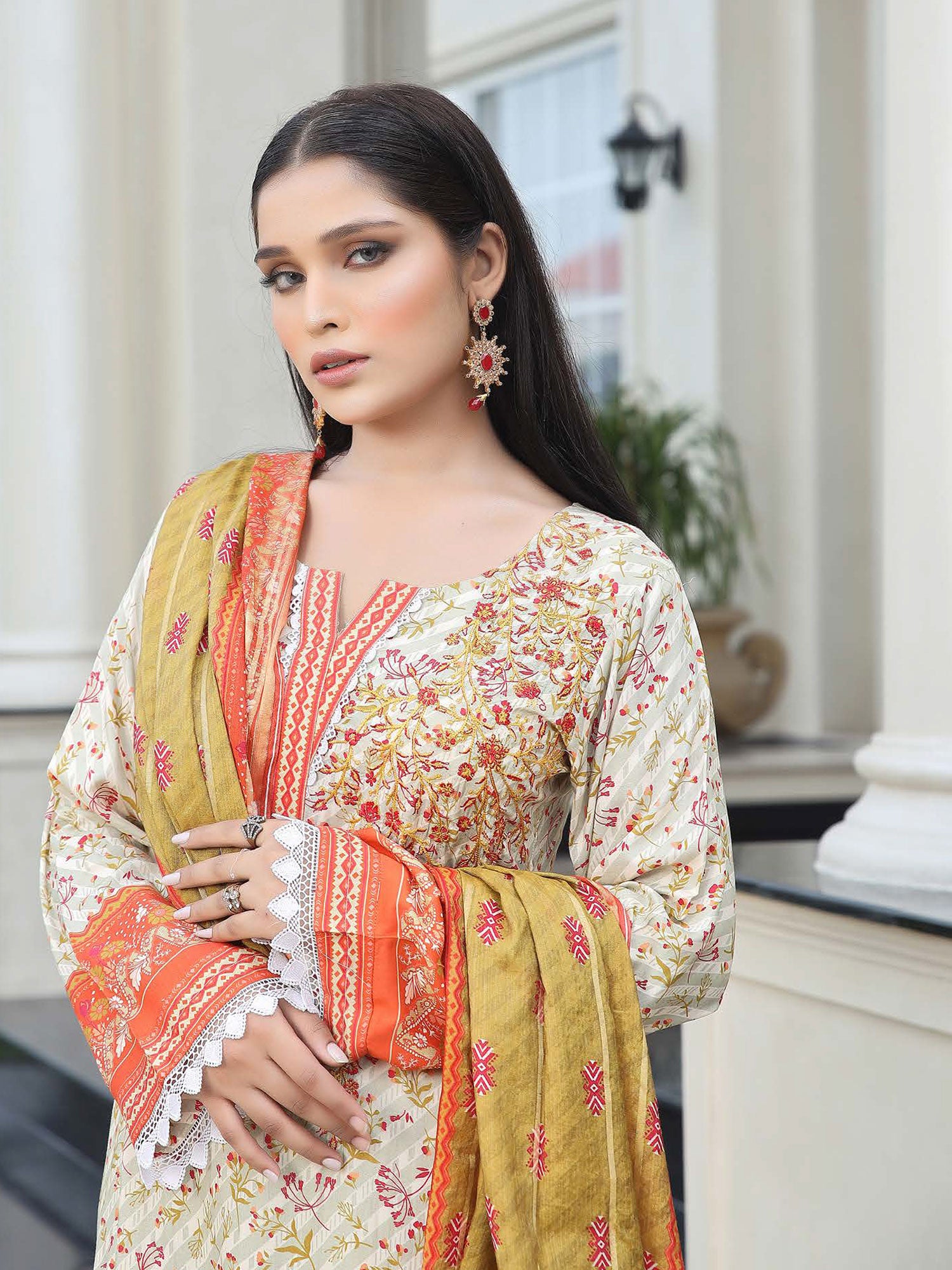 Munira Embroidered Winter Linen Suit (MSL-04) - Orange