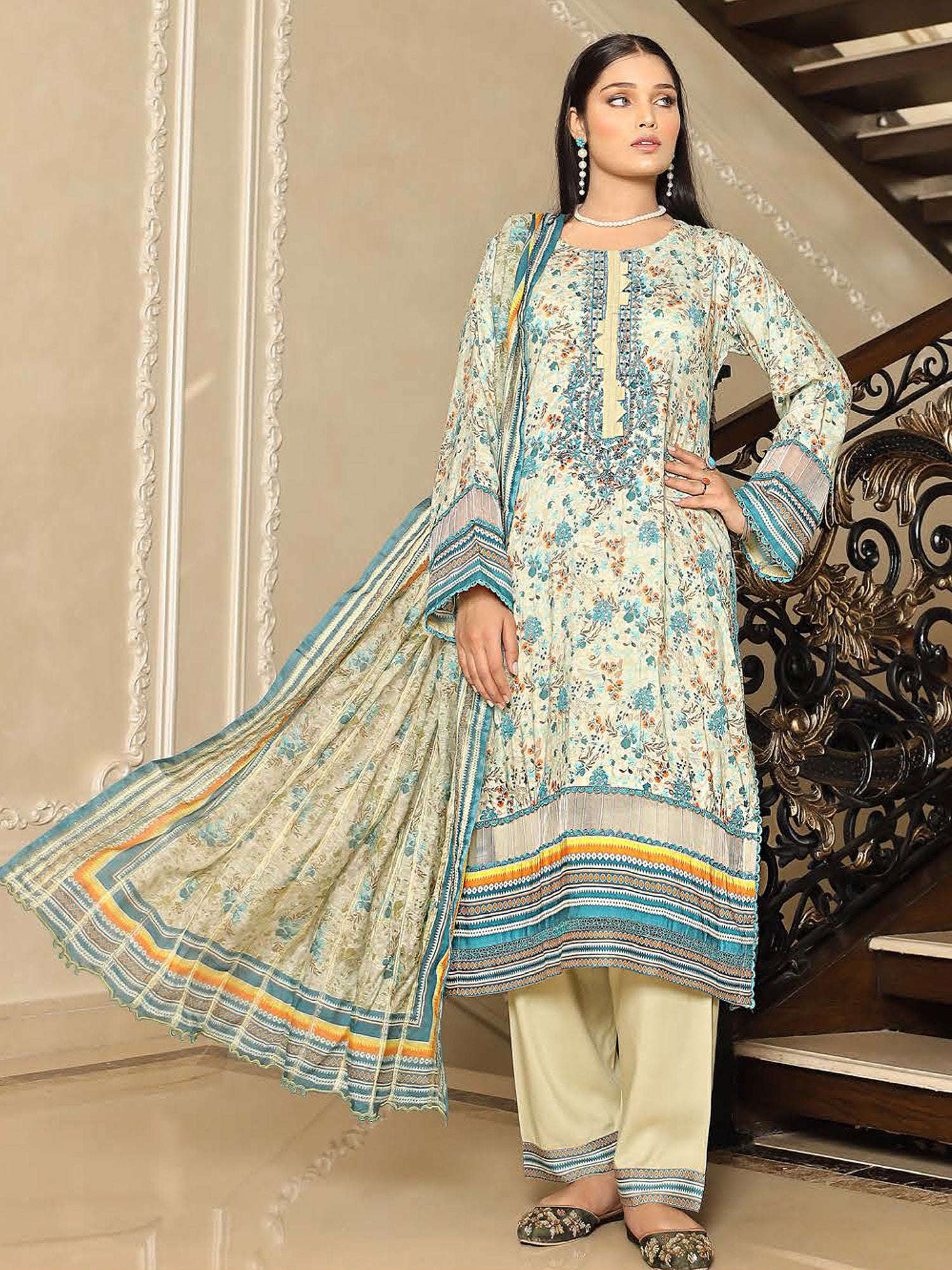 Munira Embroidered Winter Linen Suit (MSL-05) - Cream & Turquoise