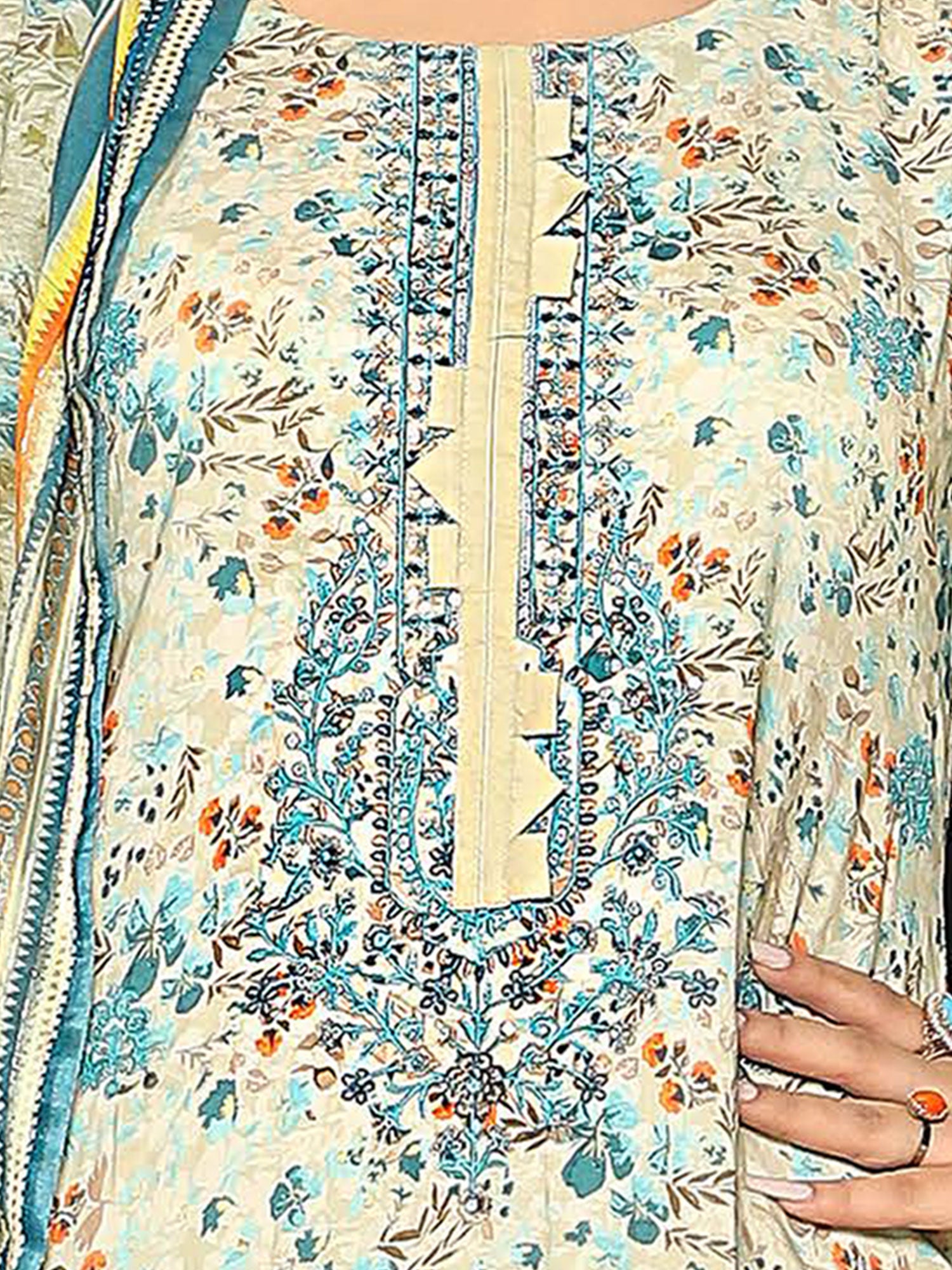 Munira Embroidered Winter Linen Suit (MSL-05) - Cream & Turquoise