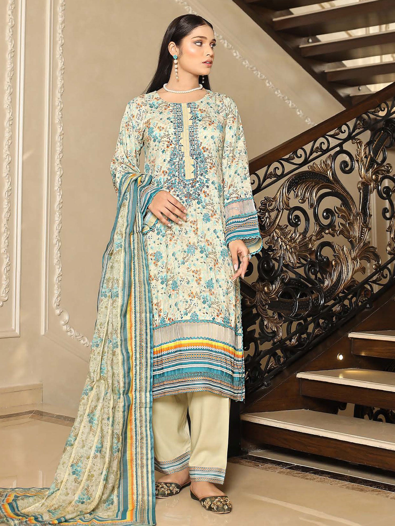 Munira Embroidered Winter Linen Suit (MSL-05) - Cream & Turquoise