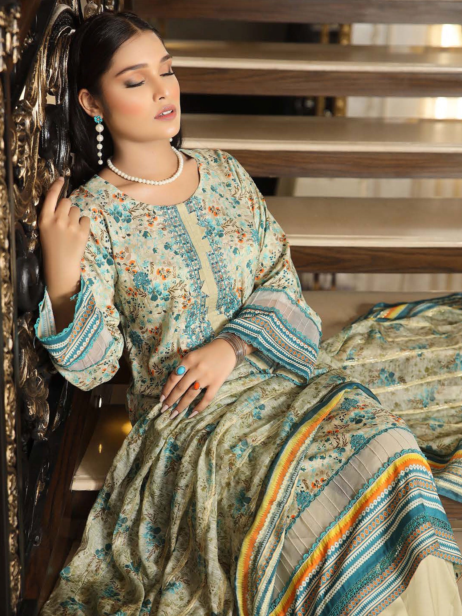 Munira Embroidered Winter Linen Suit (MSL-05) - Cream & Turquoise