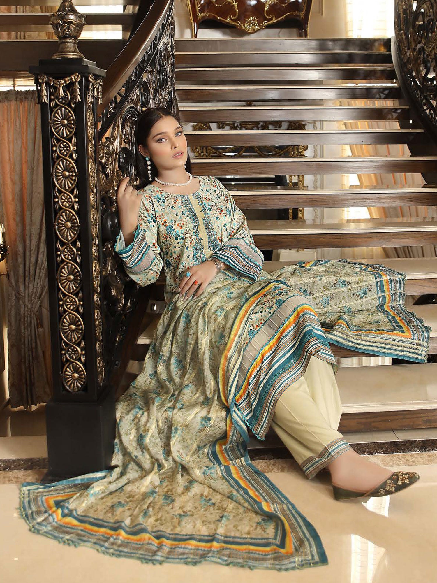 Munira Embroidered Winter Linen Suit (MSL-05) - Cream & Turquoise