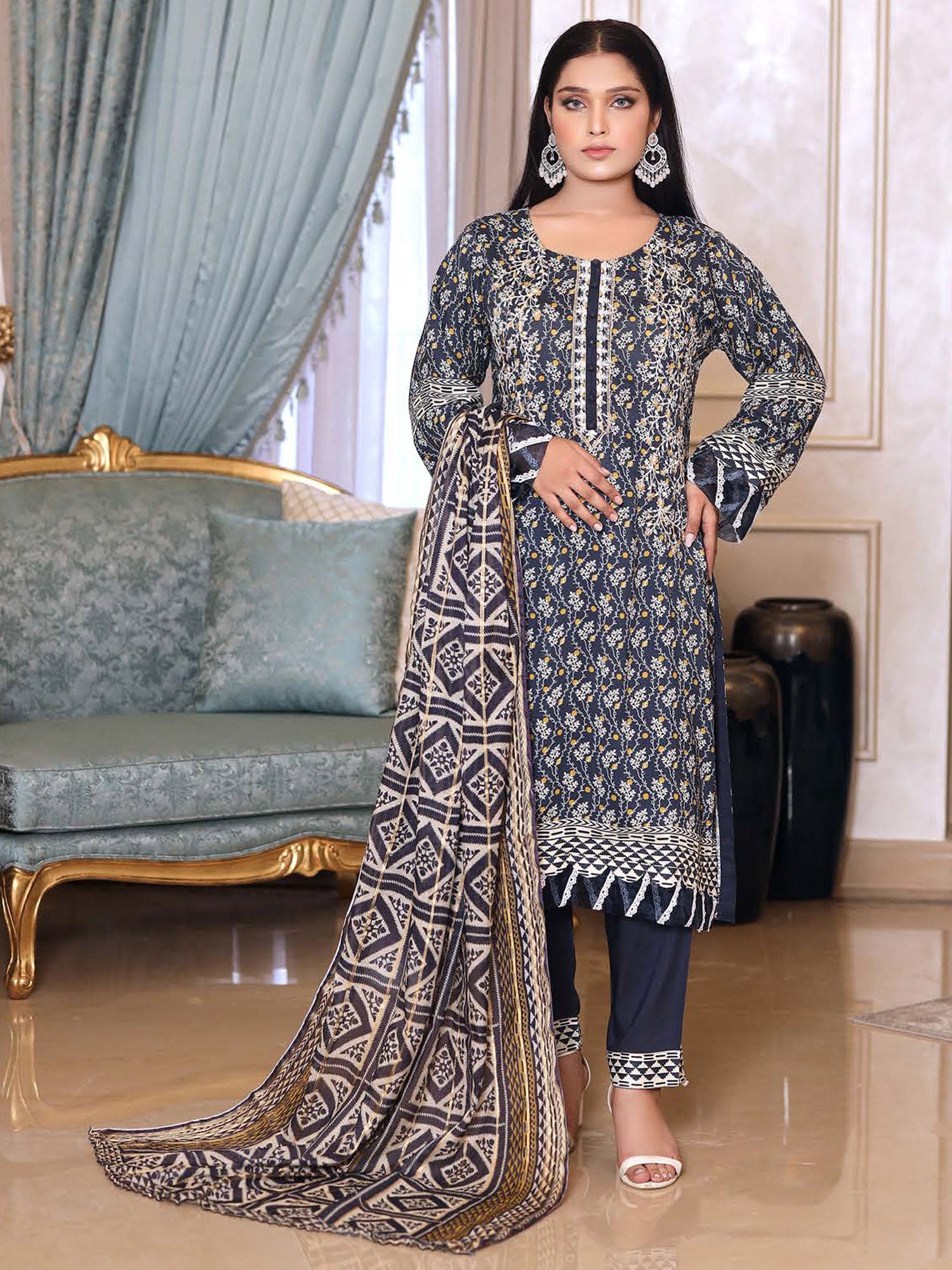 Munira Embroidered Winter Linen Suit (MSL-06) - Navy