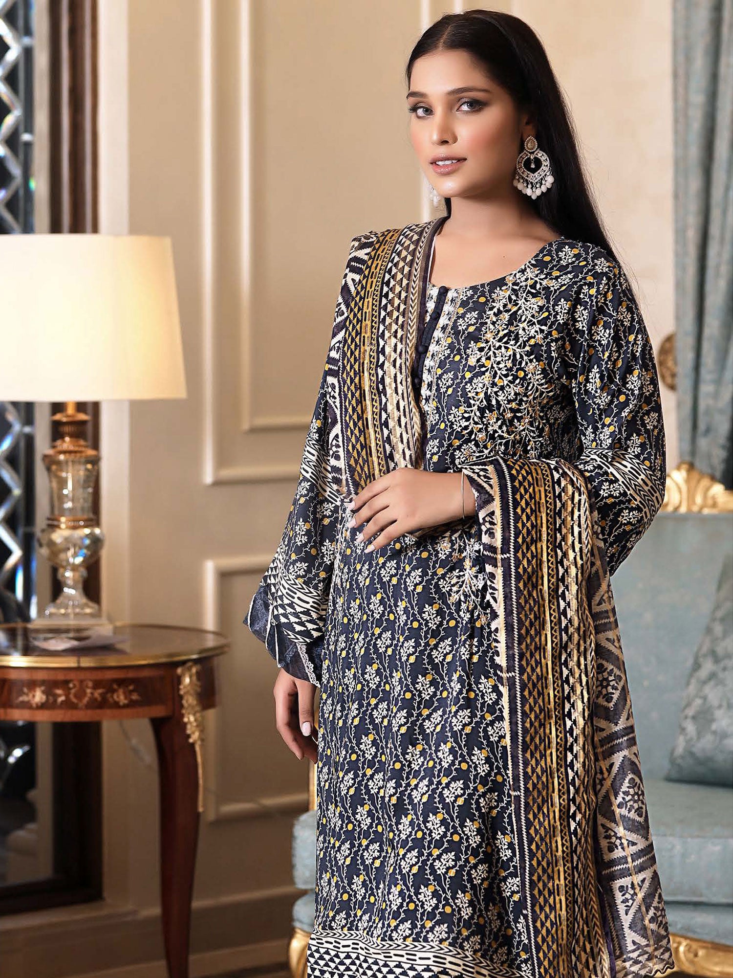 Munira Embroidered Winter Linen Suit (MSL-06) - Navy