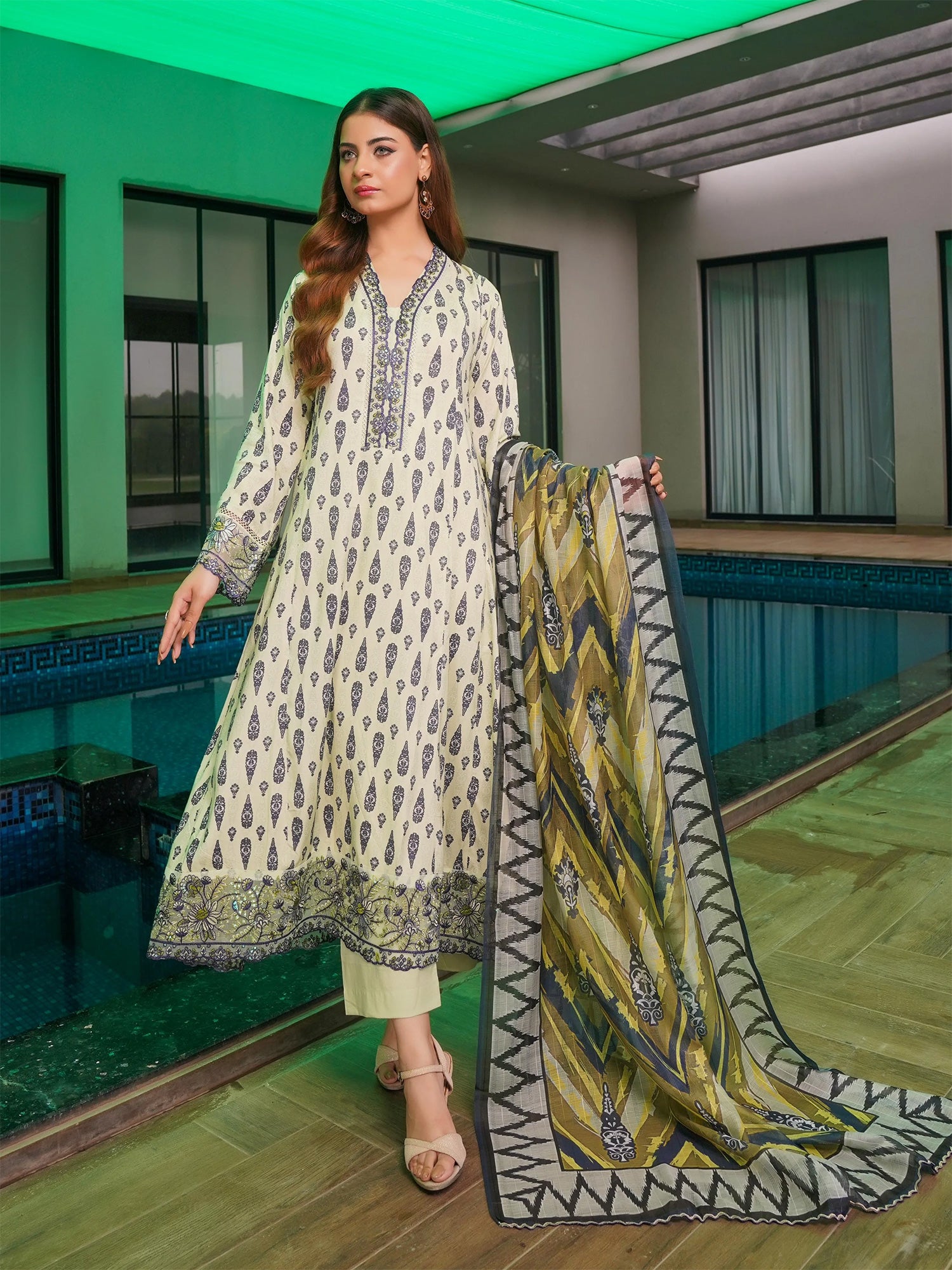 Munira Linen Long Frock Suit (MSL-02) - Tea Green