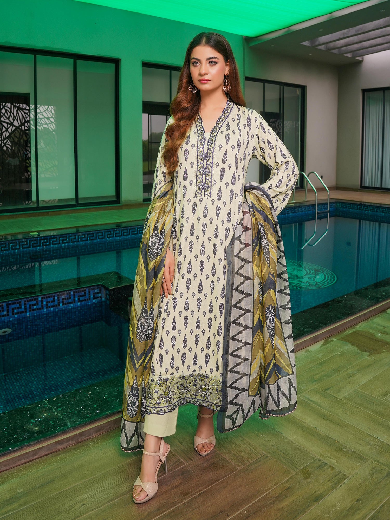 Munira Linen Long Frock Suit (MSL-02) - Tea Green