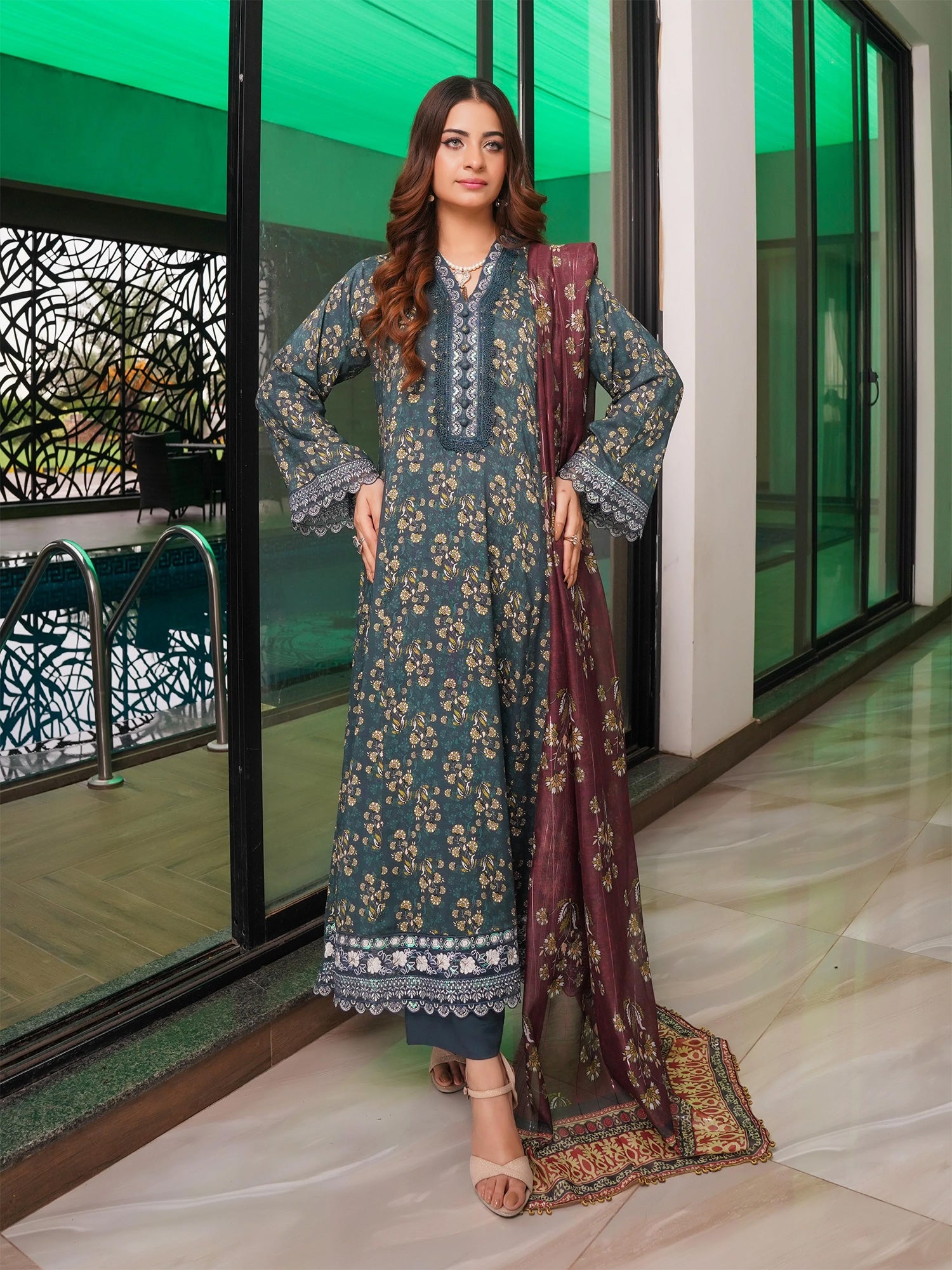 Munira Linen Long Frock Suit (MSL-03) - Teal