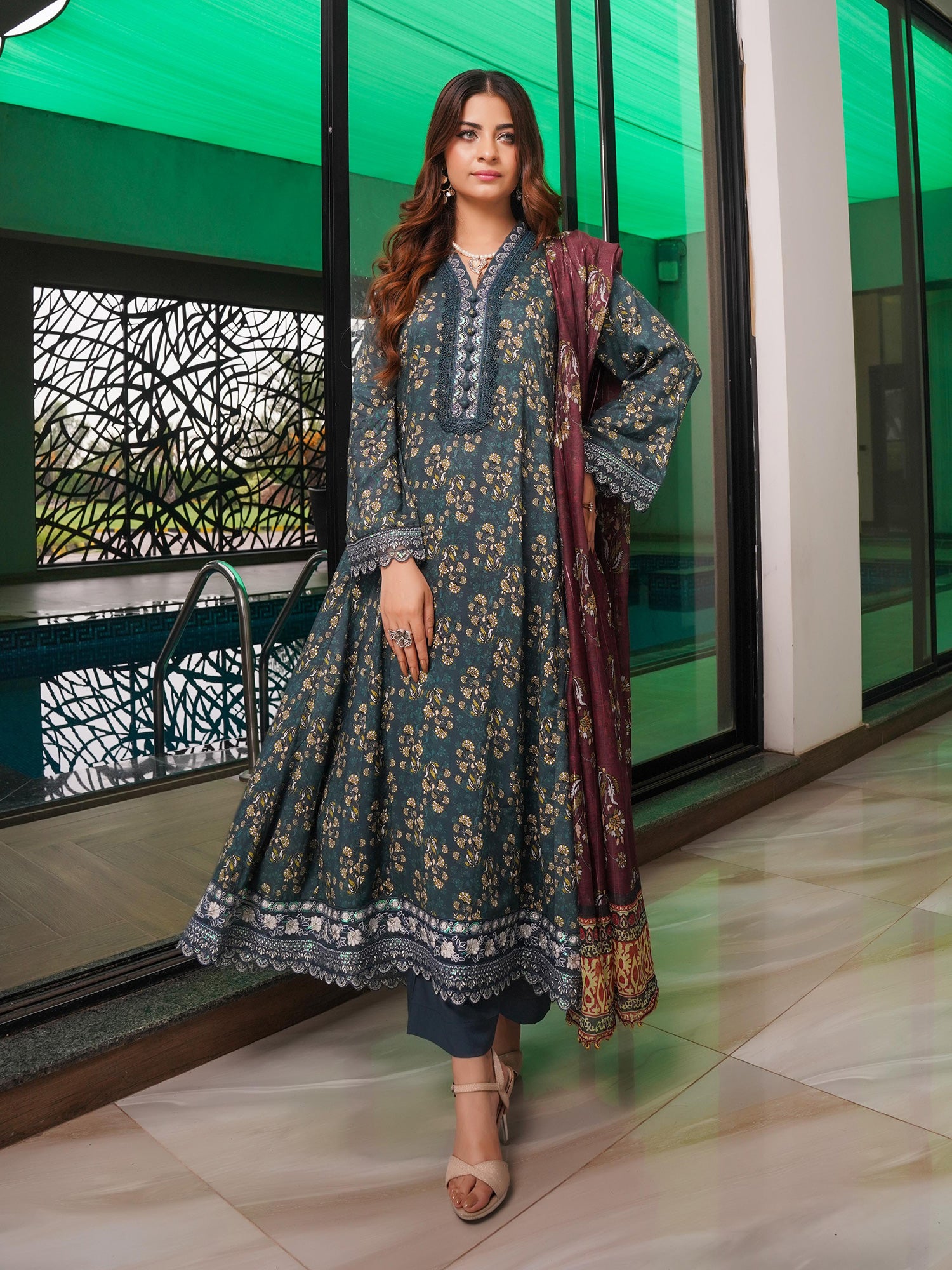 Munira Linen Long Frock Suit (MSL-03) - Teal