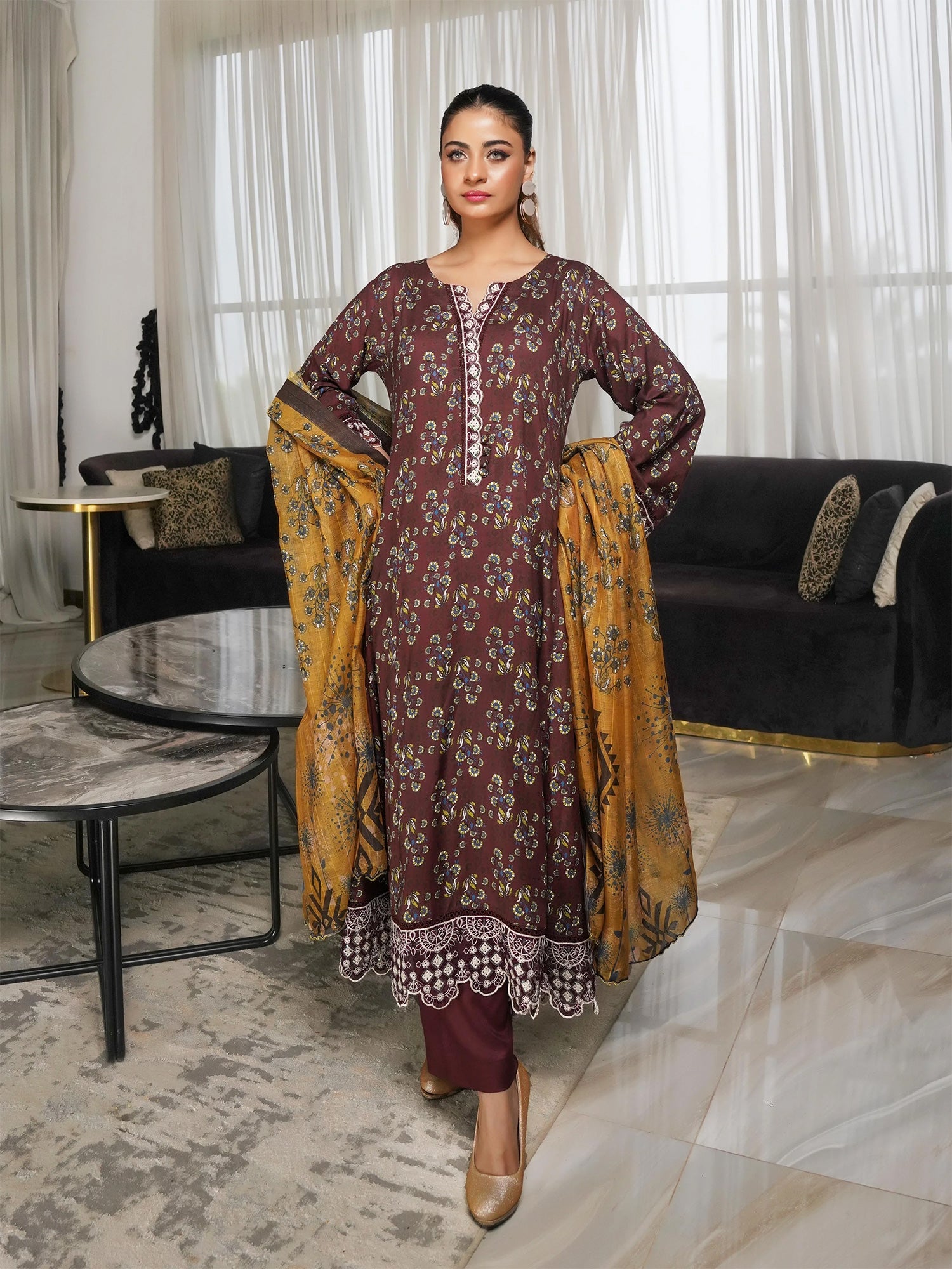 Munira Linen Long Frock Suit (MSL-05) - Mahogany