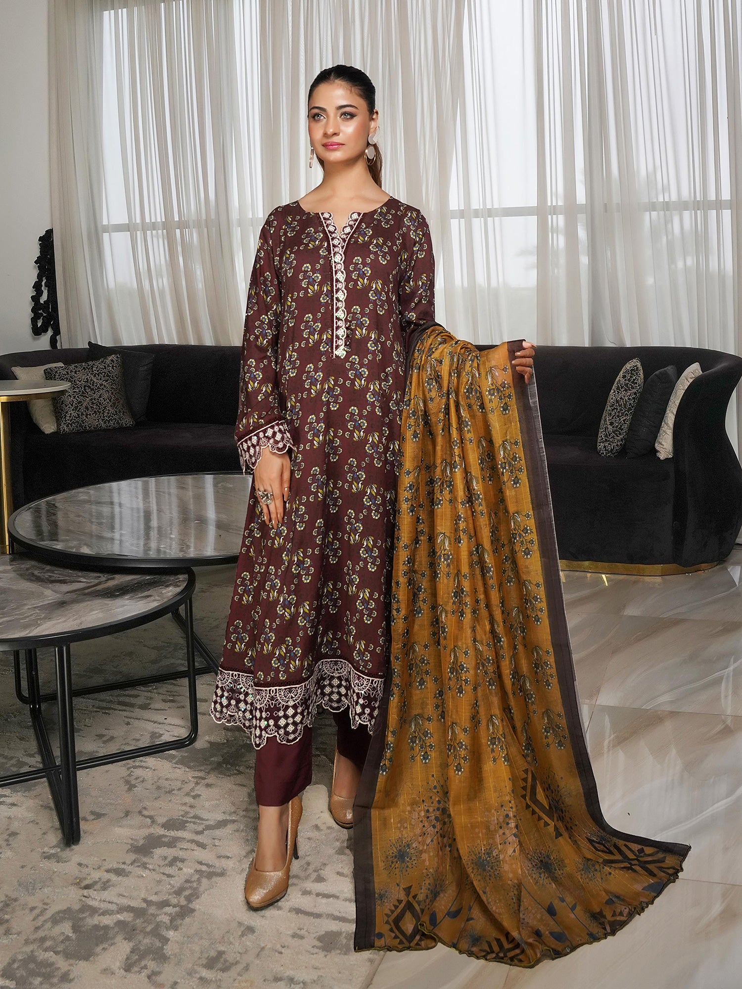 Munira Linen Long Frock Suit (MSL-05) - Mahogany