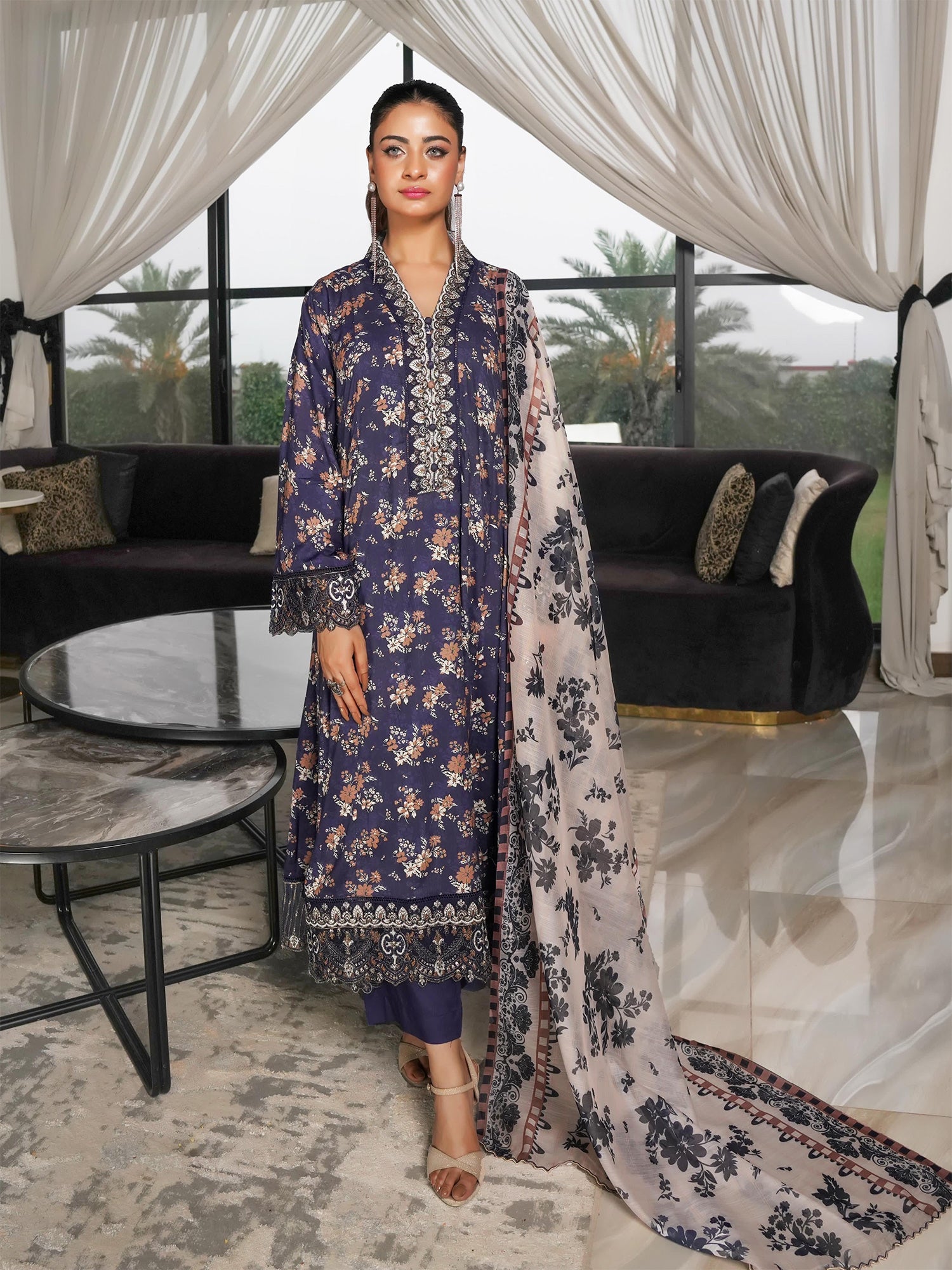 Munira Linen Long Frock Suit (MSL-06) - Navy Blue