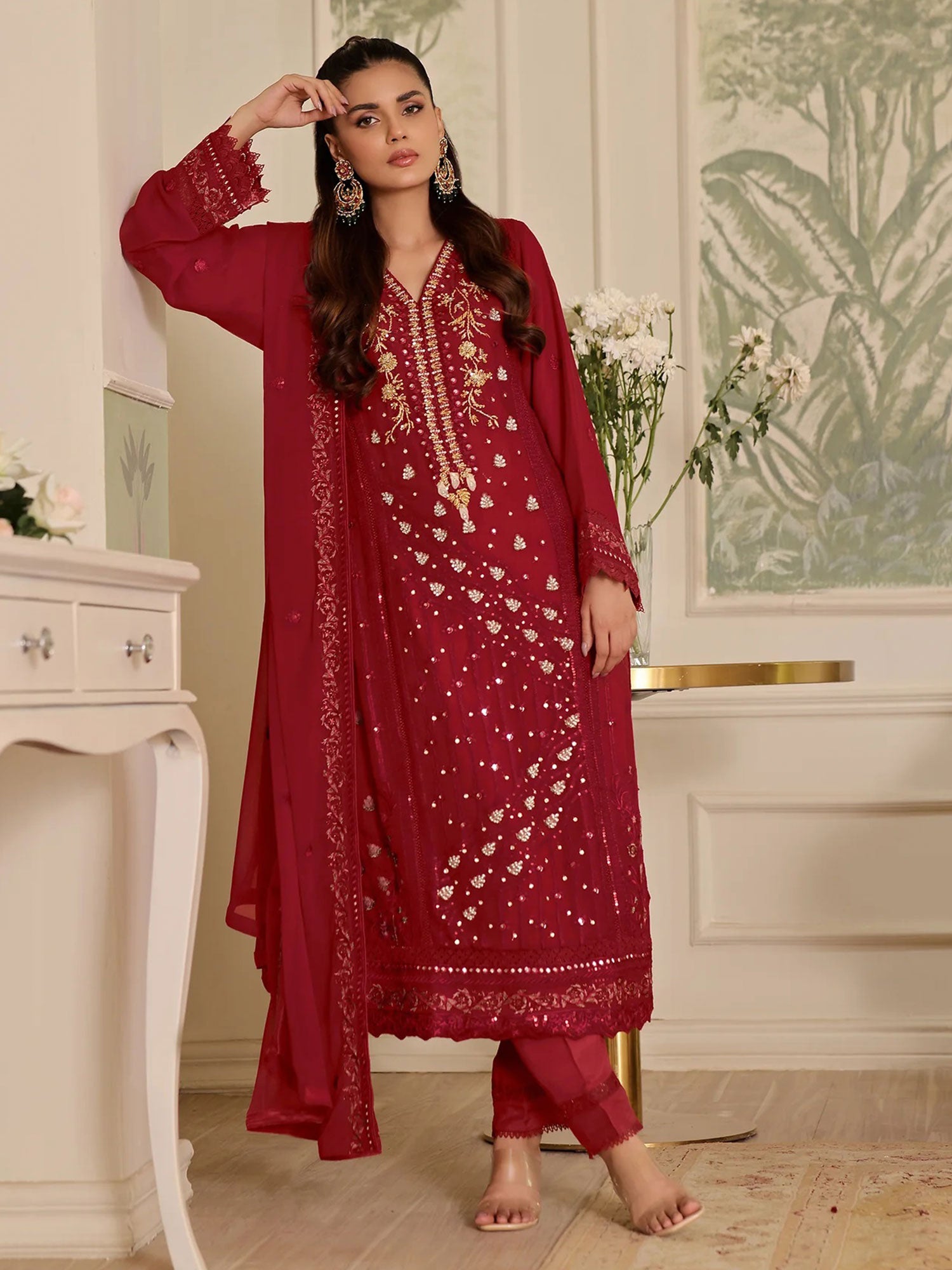 Wardah Uzair "Mirha" Luxury Embroidered Chiffon Suit - Majestic Rouge