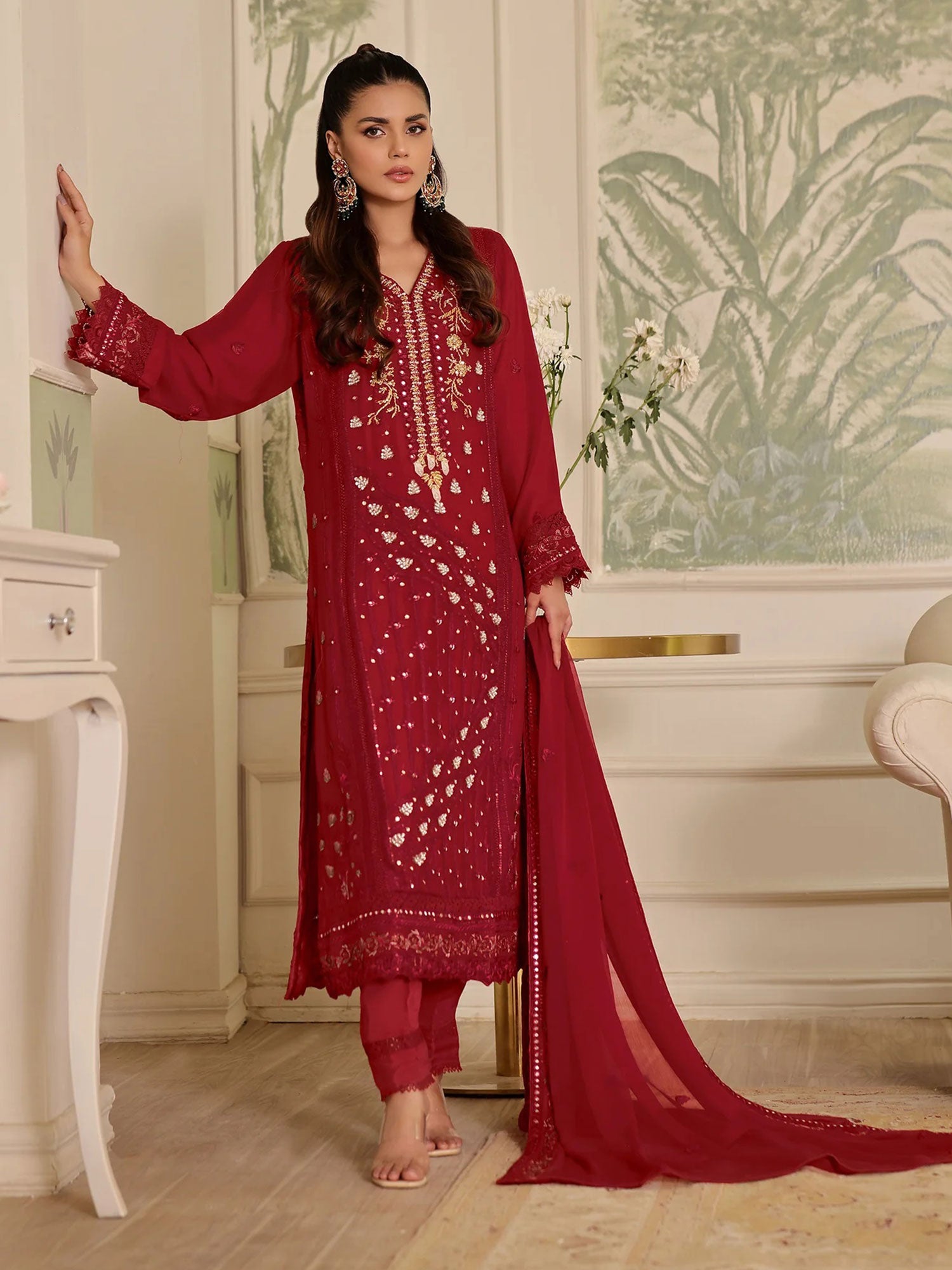 Wardah Uzair "Mirha" Luxury Embroidered Chiffon Suit - Majestic Rouge