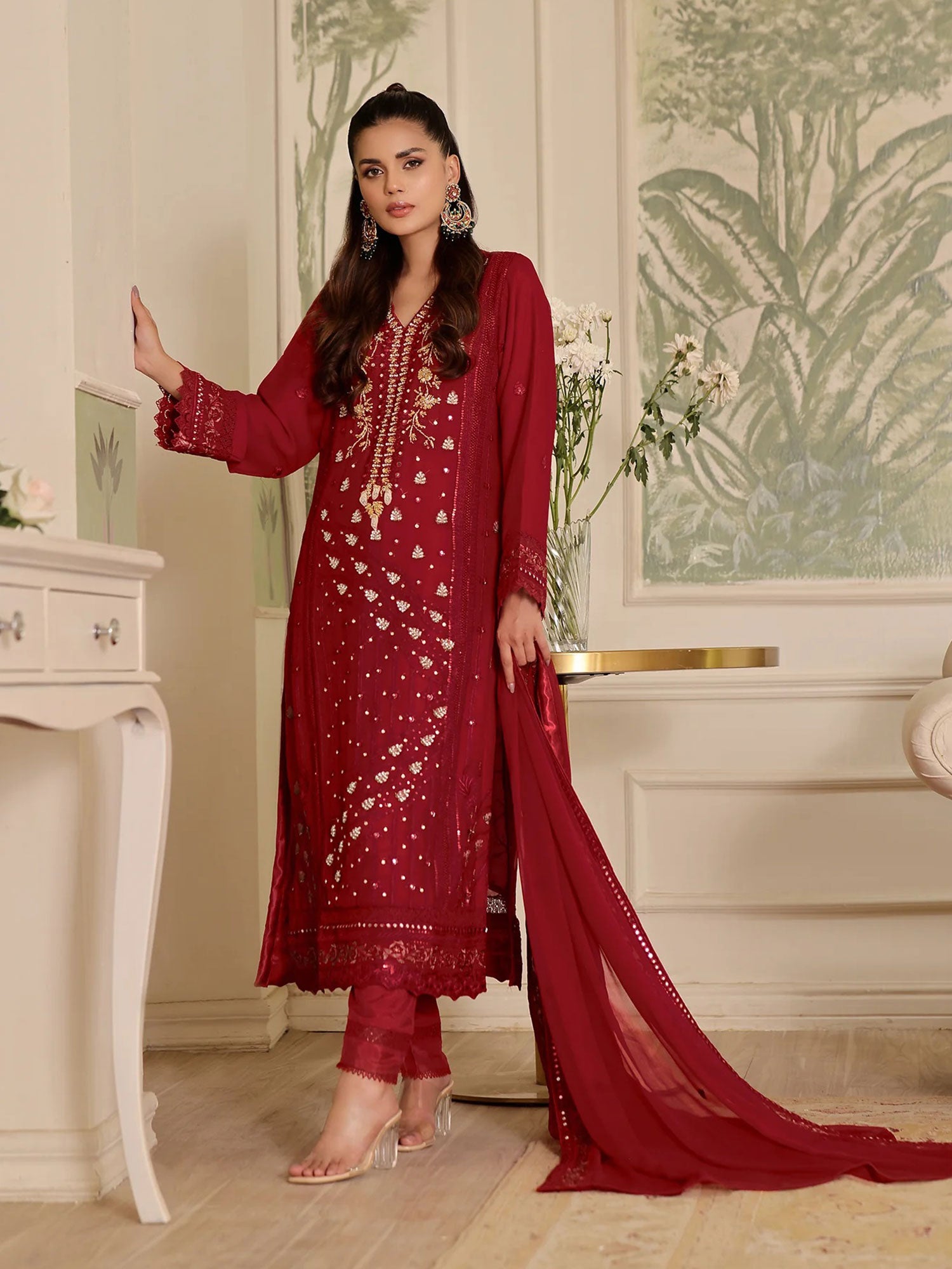 Wardah Uzair "Mirha" Luxury Embroidered Chiffon Suit - Majestic Rouge