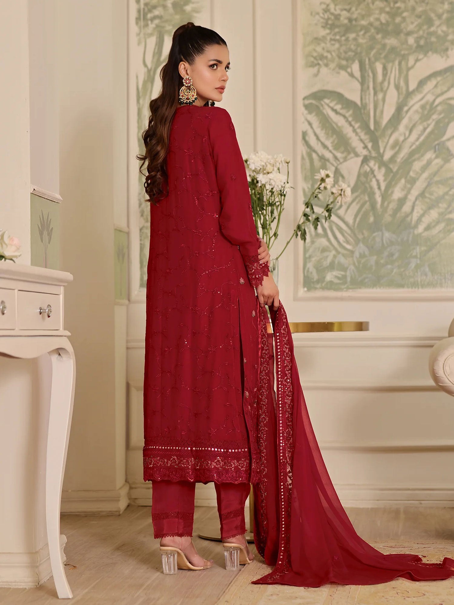 Wardah Uzair "Mirha" Luxury Embroidered Chiffon Suit - Majestic Rouge