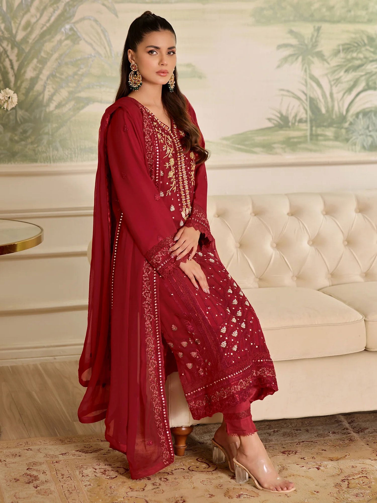 Wardah Uzair "Mirha" Luxury Embroidered Chiffon Suit - Majestic Rouge