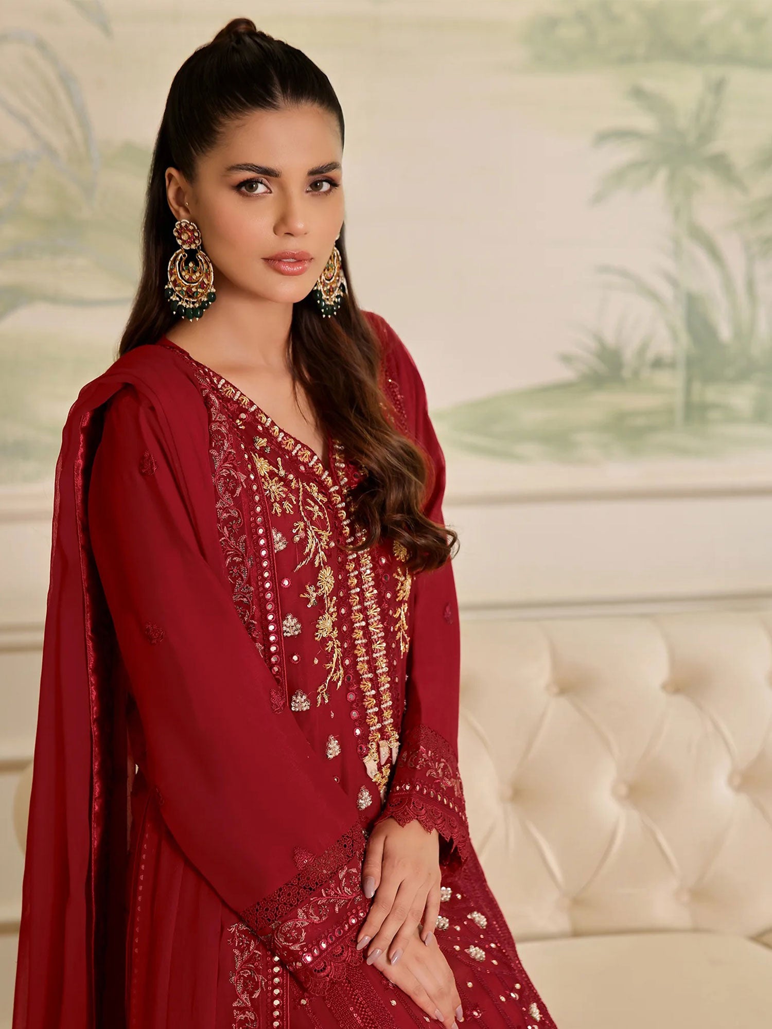 Wardah Uzair "Mirha" Luxury Embroidered Chiffon Suit - Majestic Rouge