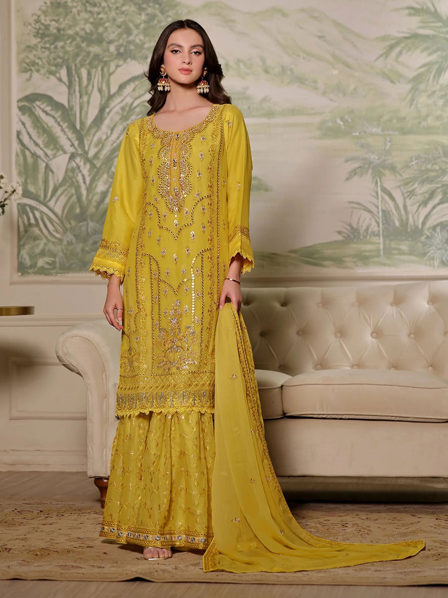 Wardah Uzair "Mirha" Luxury Embroidered Chiffon Suit - Marigold