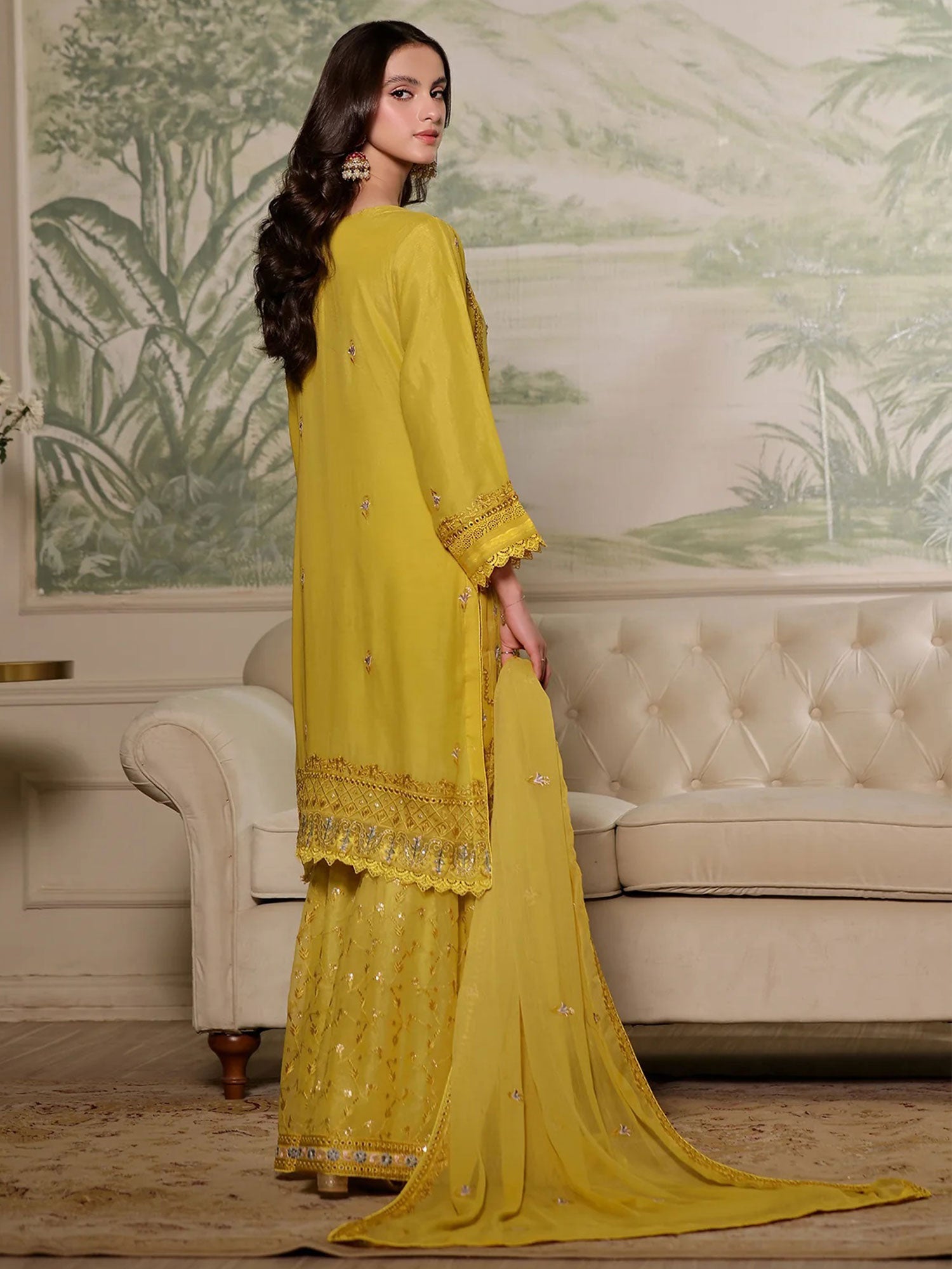 Wardah Uzair "Mirha" Luxury Embroidered Chiffon Suit - Marigold