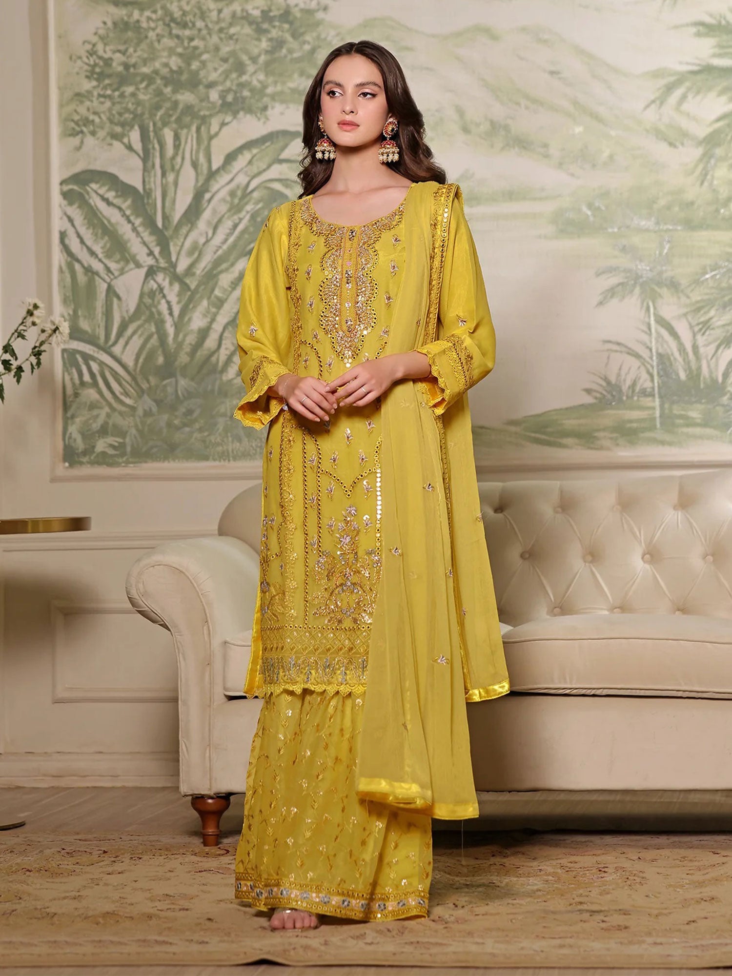 Wardah Uzair "Mirha" Luxury Embroidered Chiffon Suit - Marigold