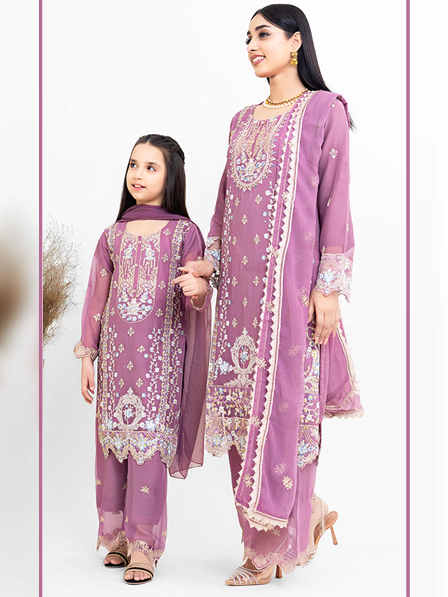 Rangz Chiffon Mother-Daughter 3-Piece Suit - Pink