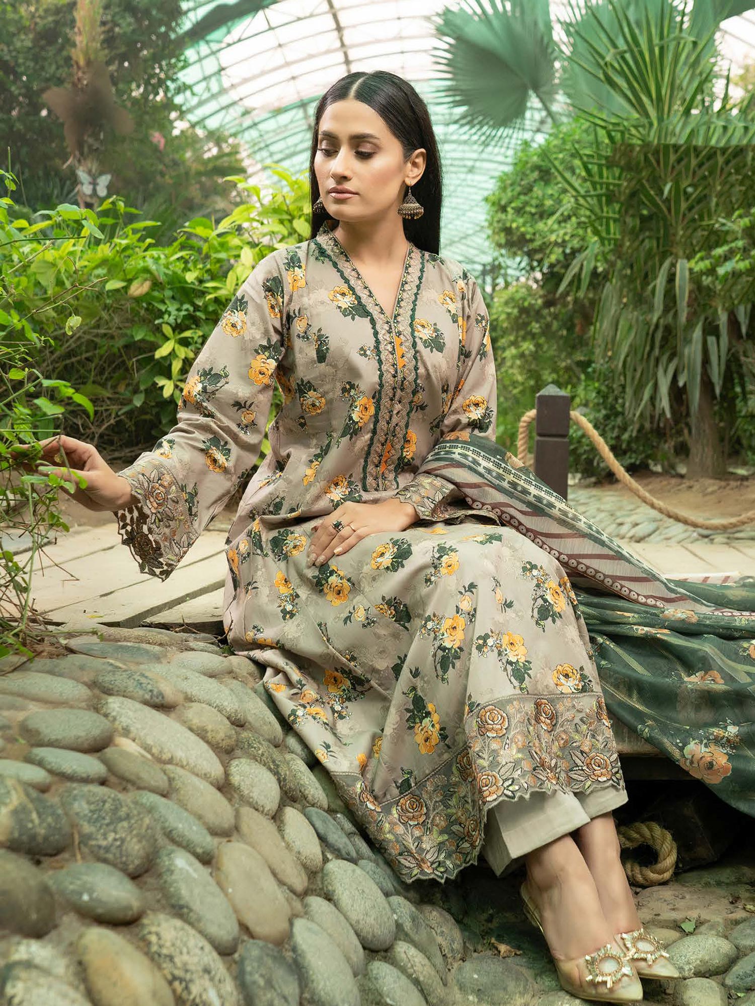 Munira Embroidered Lawn Frock Suit (MSL-06) - Beige