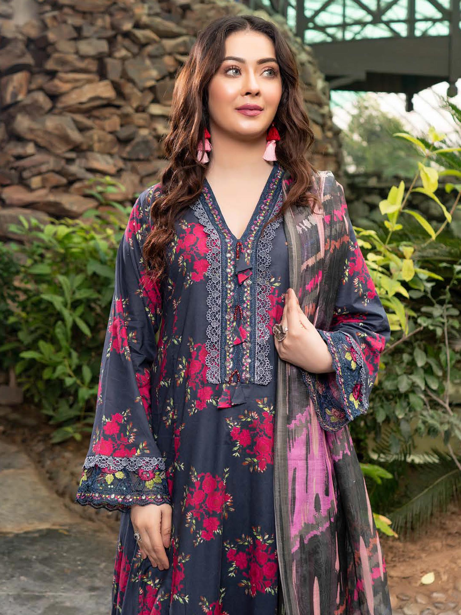 Munira Embroidered Lawn Frock Suit (MSL-01) - Dark Zinc