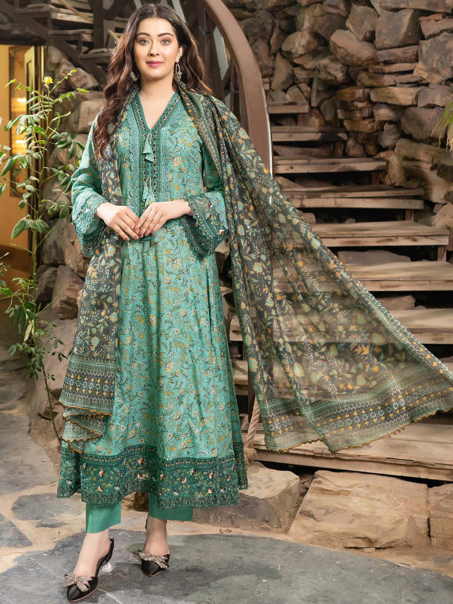 Munira Embroidered Lawn Frock Suit (MSL-07) - Turquoise