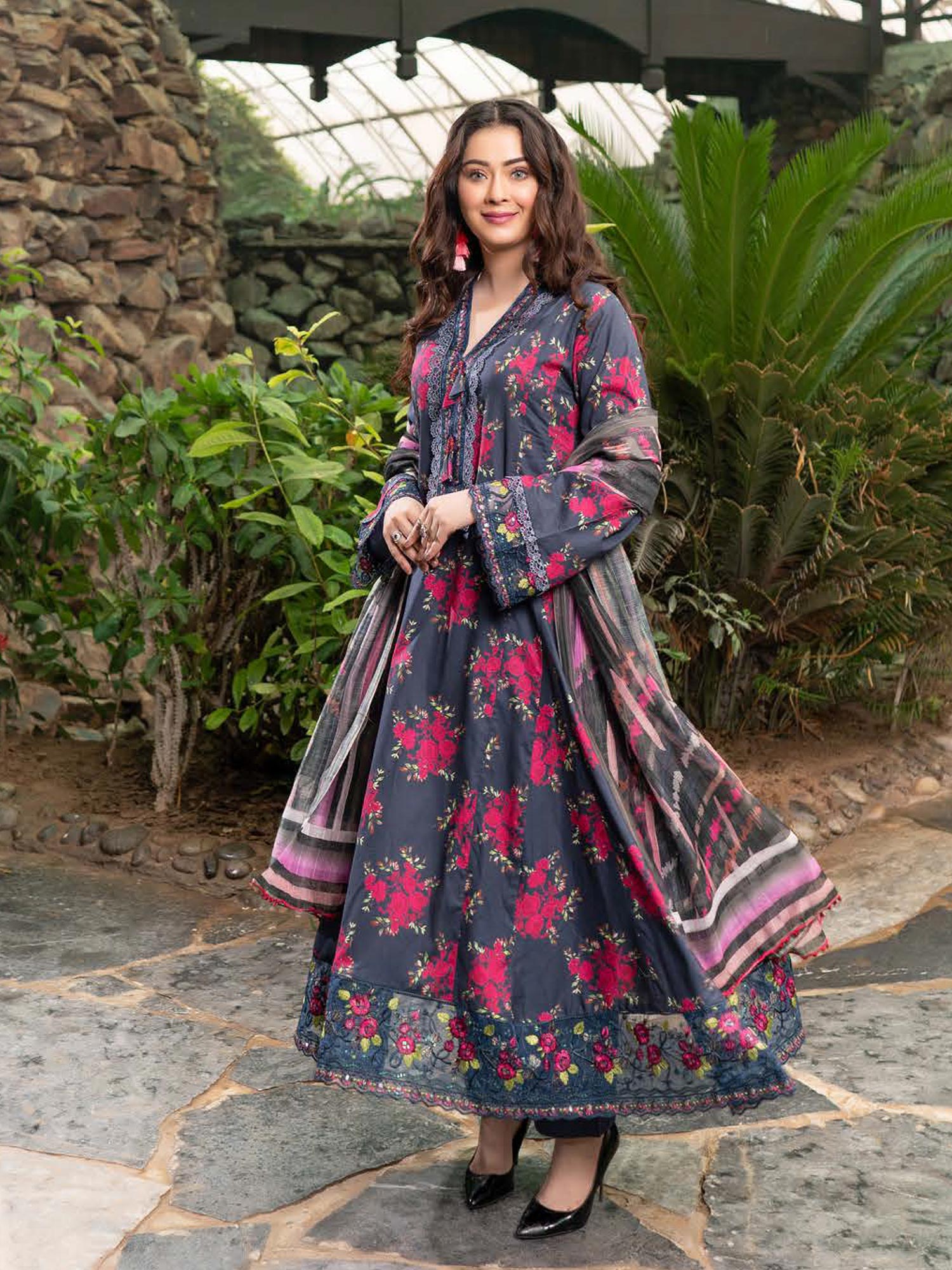 Munira Embroidered Lawn Frock Suit (MSL-01) - Dark Zinc