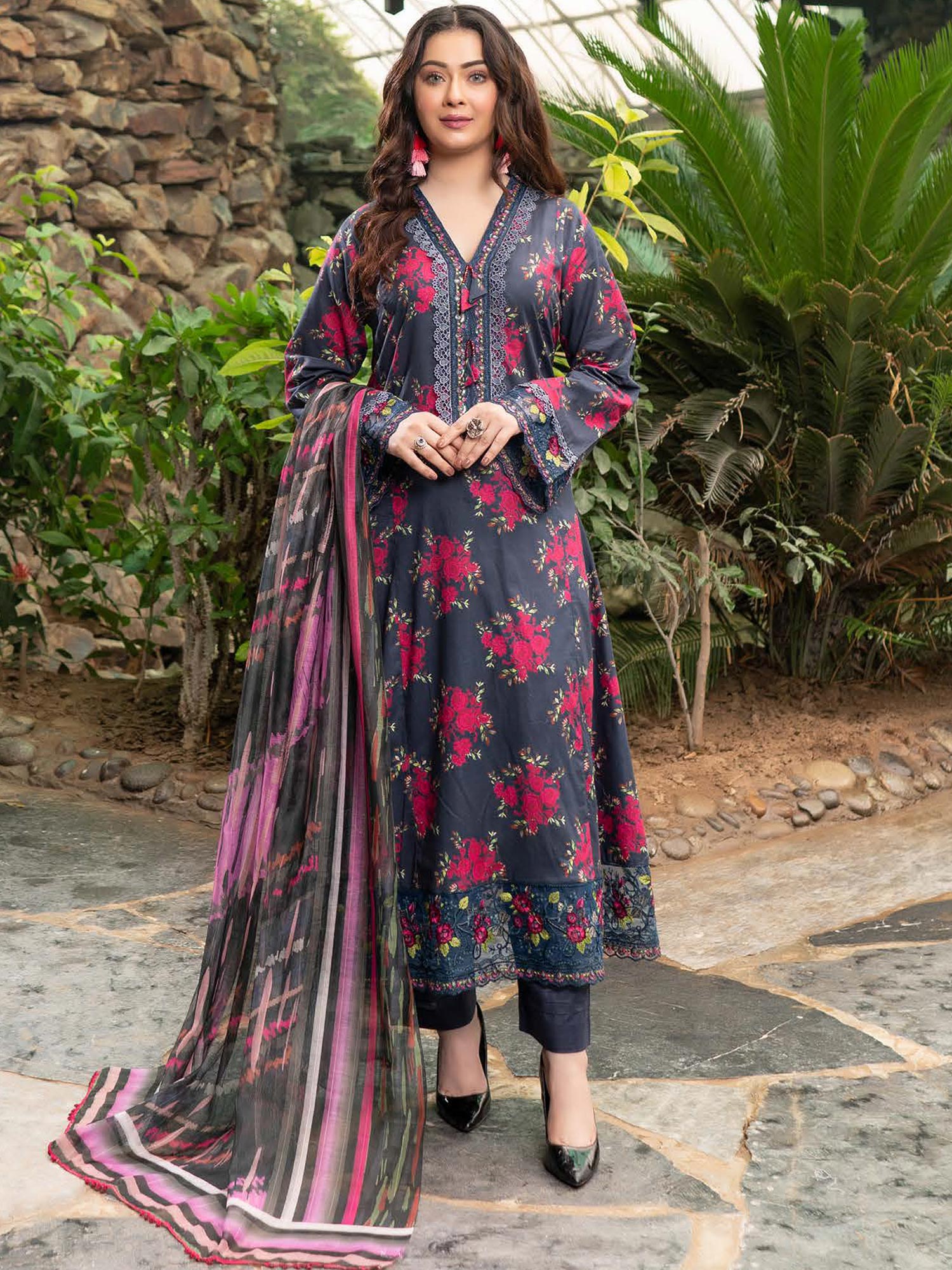 Munira Embroidered Lawn Frock Suit (MSL-01) - Dark Zinc