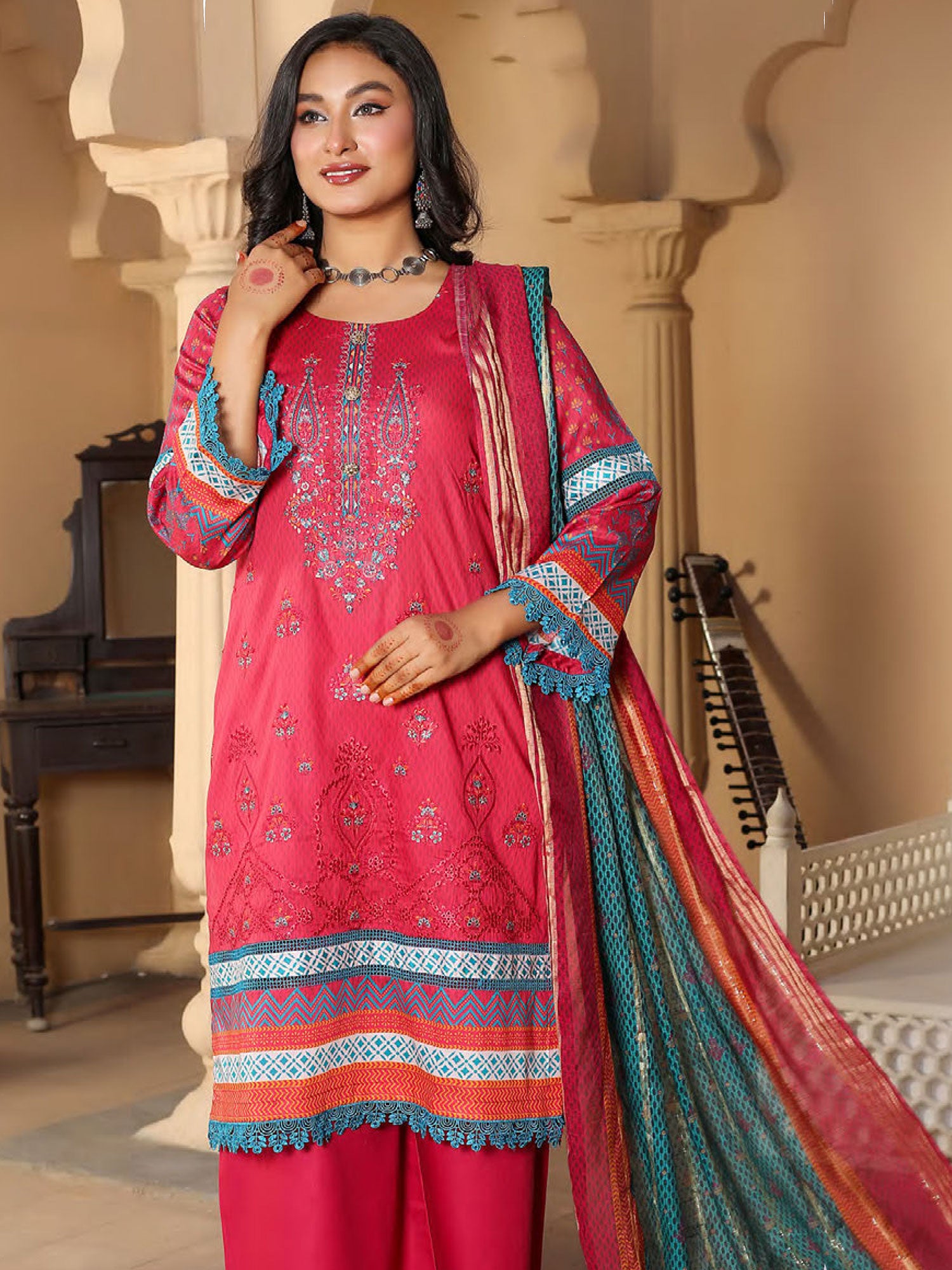 Munira Hot Pink Embroidered Lawn Suit (MSL-07)