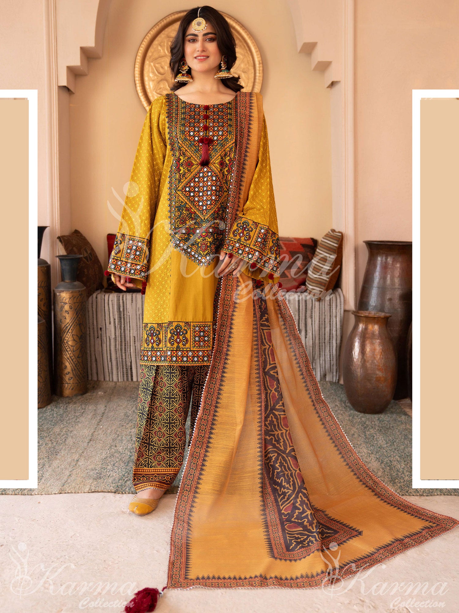 Karma Collection "Naqsh" Mustard Cotton Embroidered Suit (KC1354)