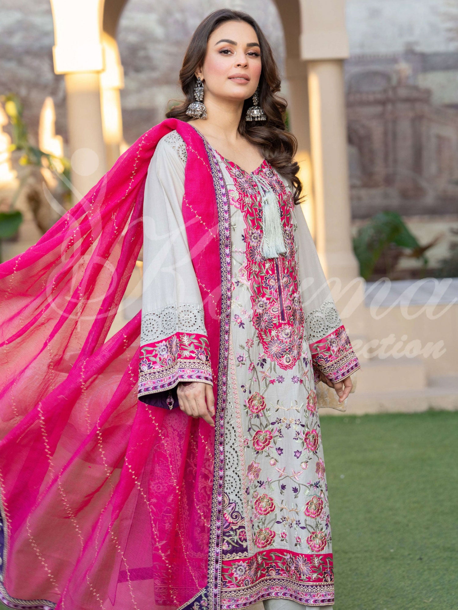 Karma Collection "Naqsh" Cloud Grey Cotton Embroidered Suit (KC1356)