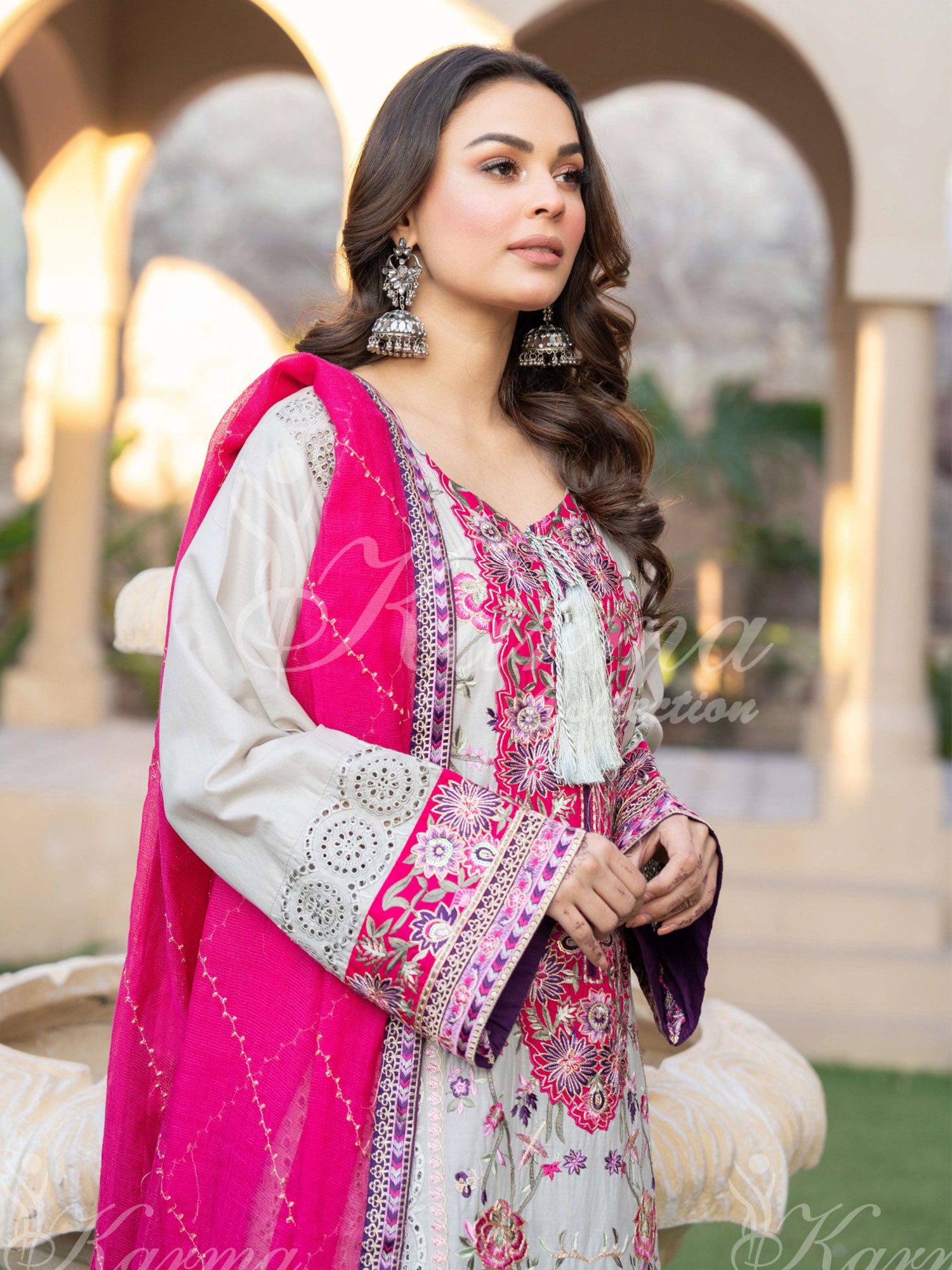 Karma Collection "Naqsh" Cloud Grey Cotton Embroidered Suit (KC1356)