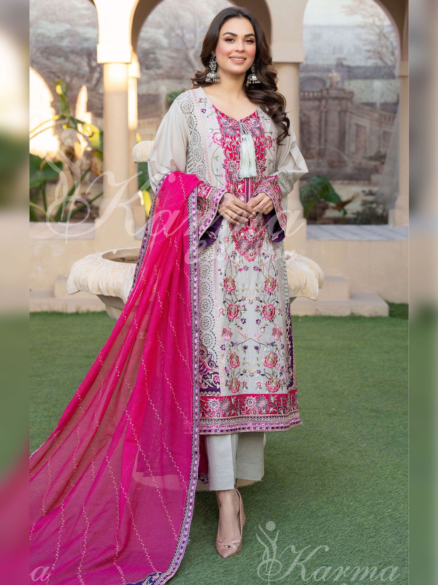 Karma Collection "Naqsh" Cloud Grey Cotton Embroidered Suit (KC1356)