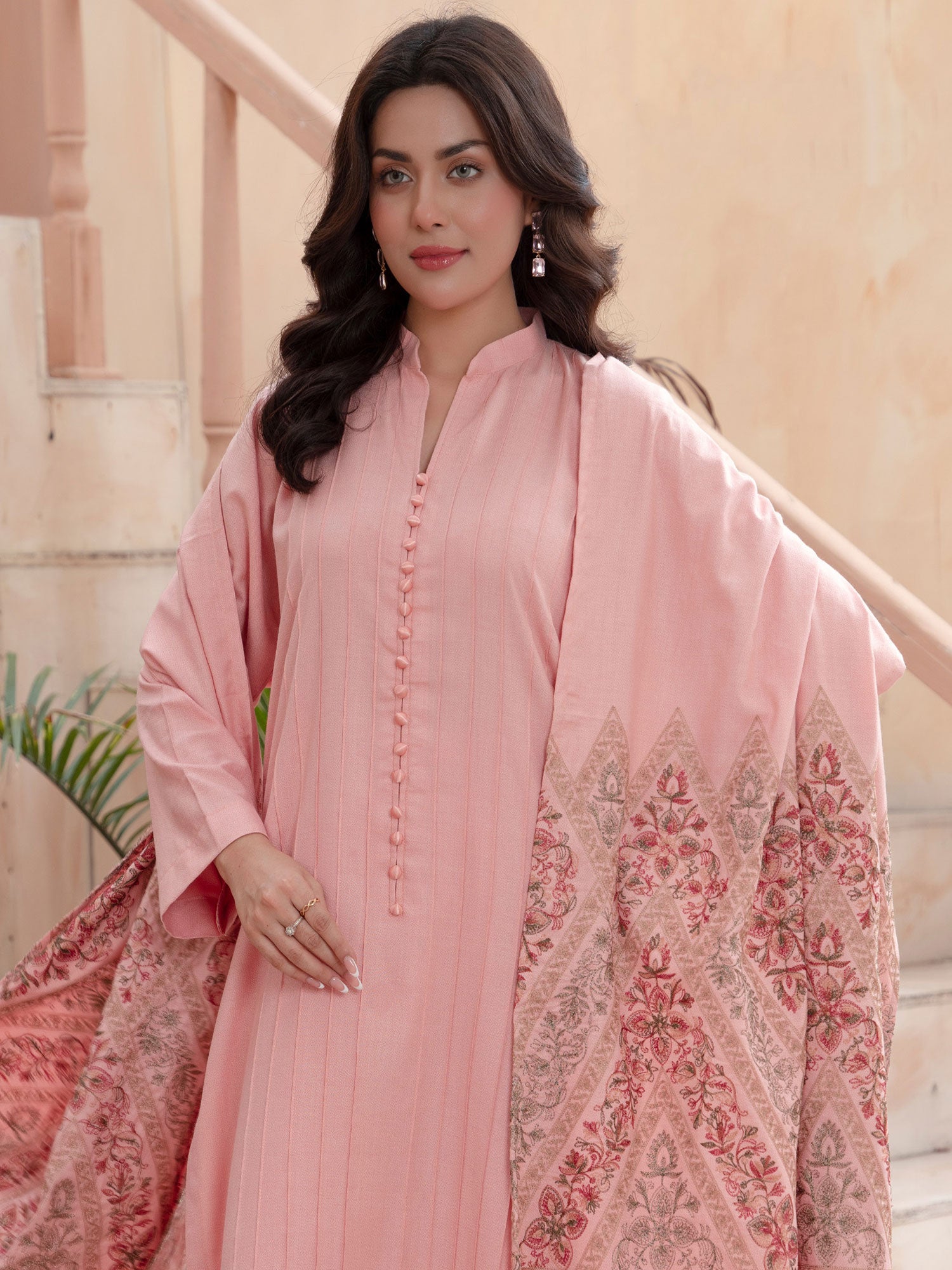 Raniya.H "Noor Bano" Winter Dhanak Suit with Shawl - Pink