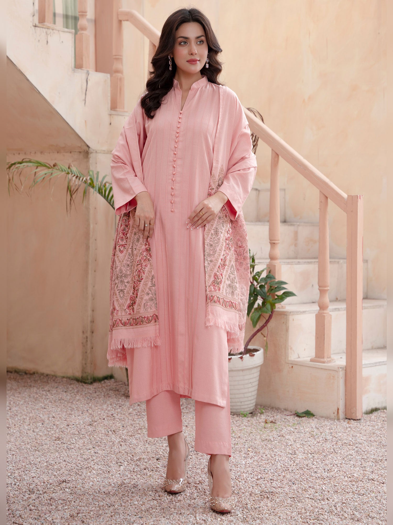 Raniya.H "Noor Bano" Winter Dhanak Suit with Shawl - Pink