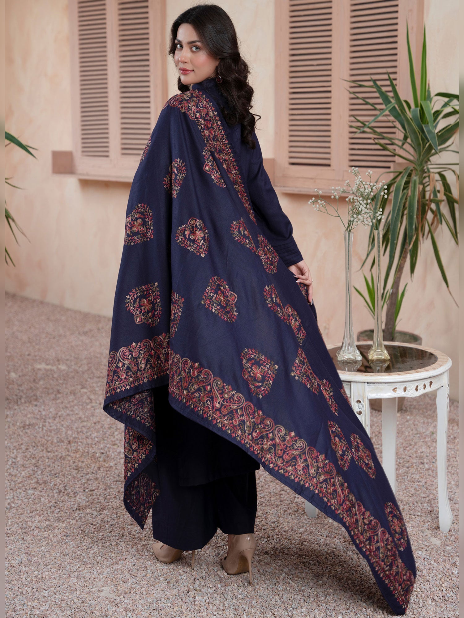 Raniya.H "Noor Bano" Winter Dhanak Suit with Shawl - Navy