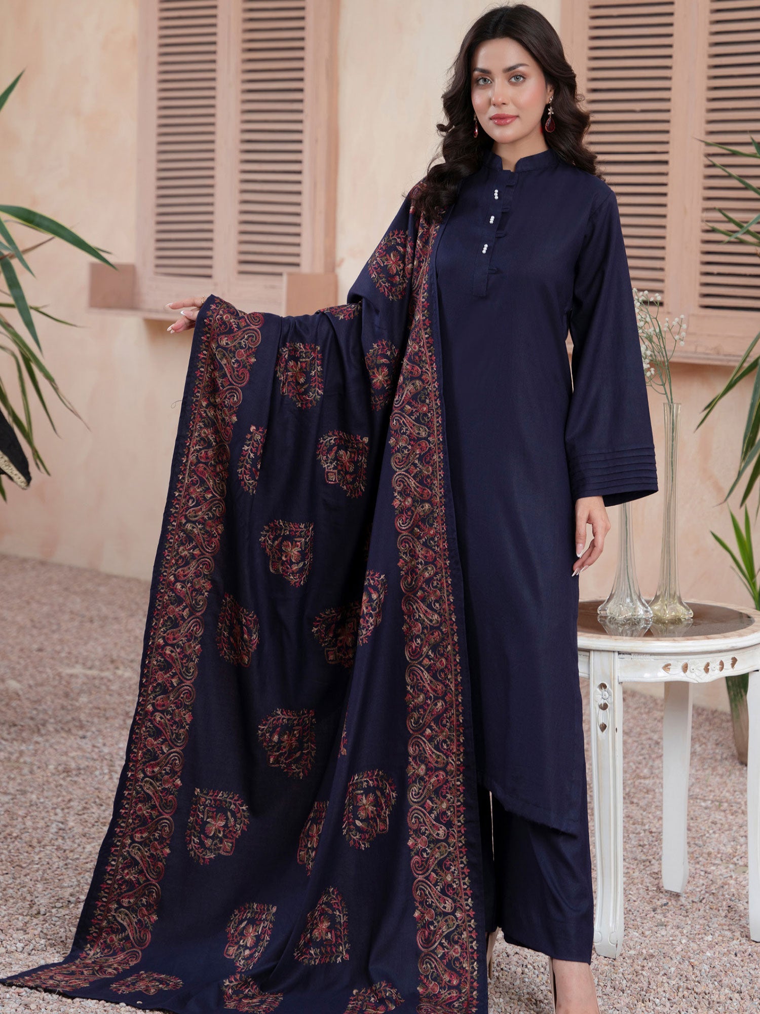 Raniya.H "Noor Bano" Winter Dhanak Suit with Shawl - Navy