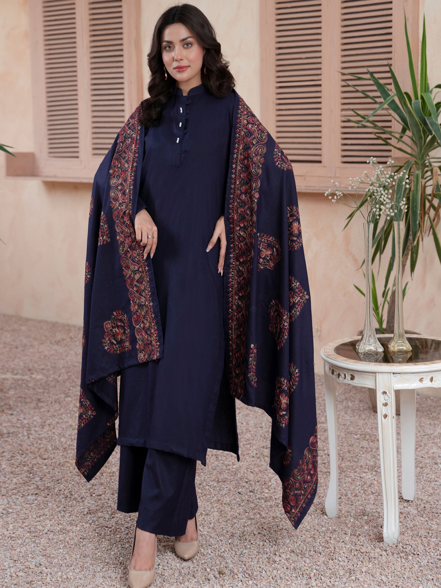 Raniya.H "Noor Bano" Winter Dhanak Suit with Shawl - Navy