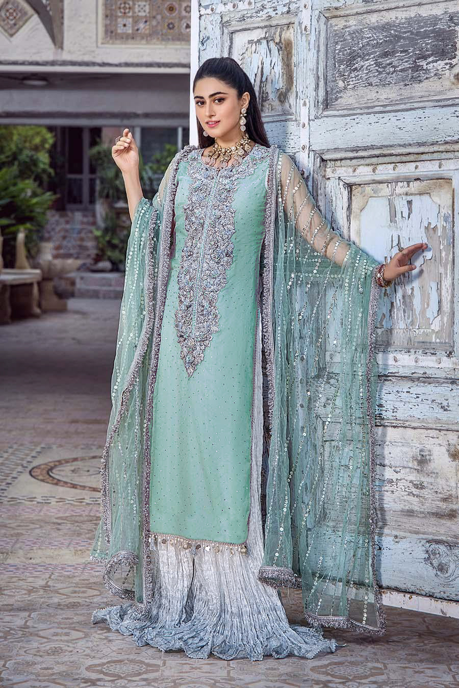 Khuda Baksh Ice Green Pure Organza Suit (P-250)