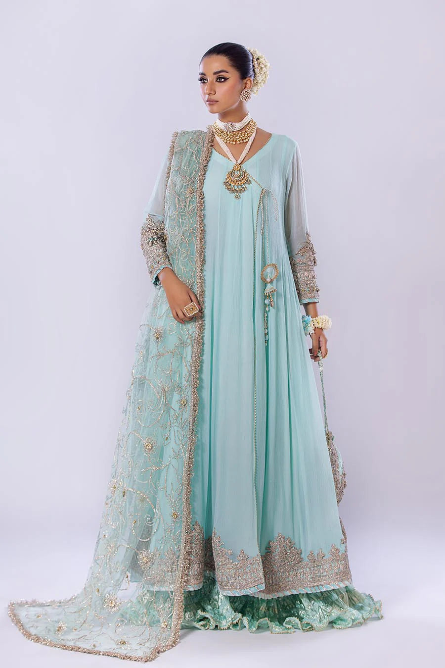 Khuda Baksh Turquoise Chiffon Embroidered Suit (P-256)