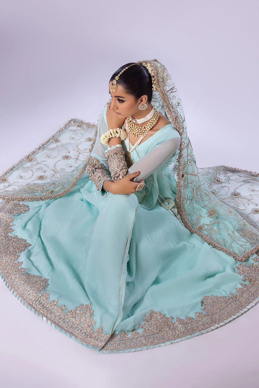 Khuda Baksh Turquoise Chiffon Embroidered Suit (P-256)