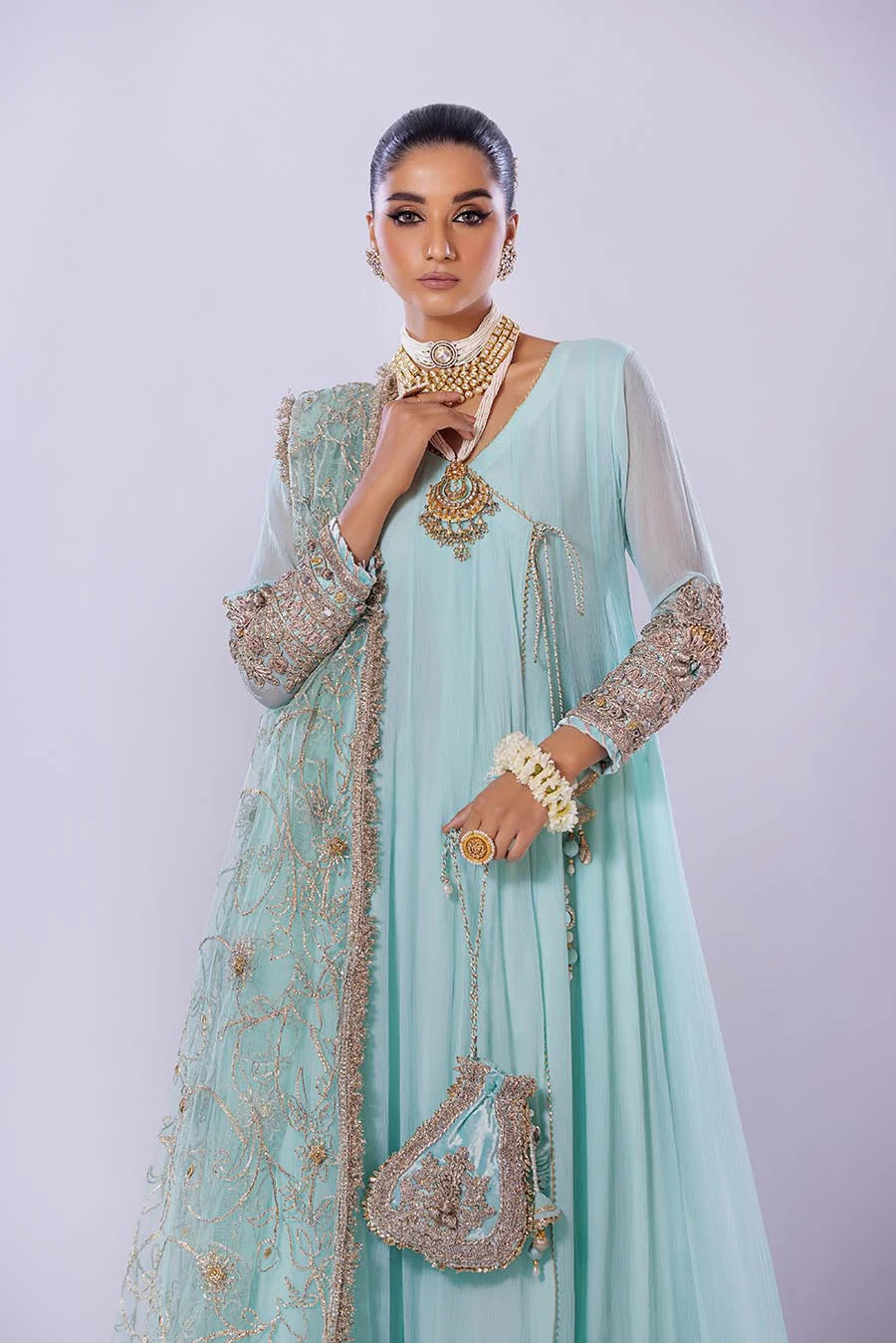 Khuda Baksh Turquoise Chiffon Embroidered Suit (P-256)