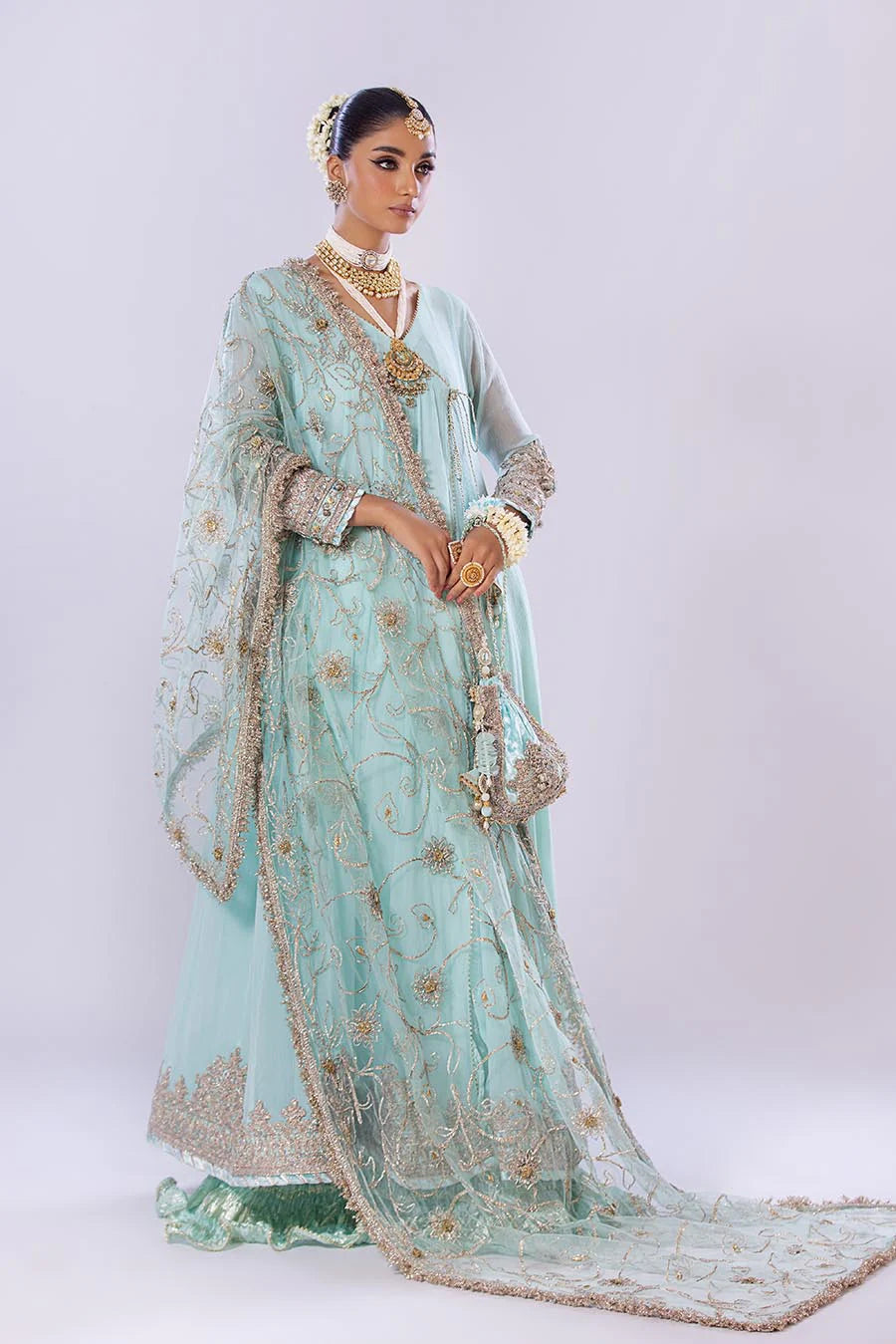 Khuda Baksh Turquoise Chiffon Embroidered Suit (P-256)