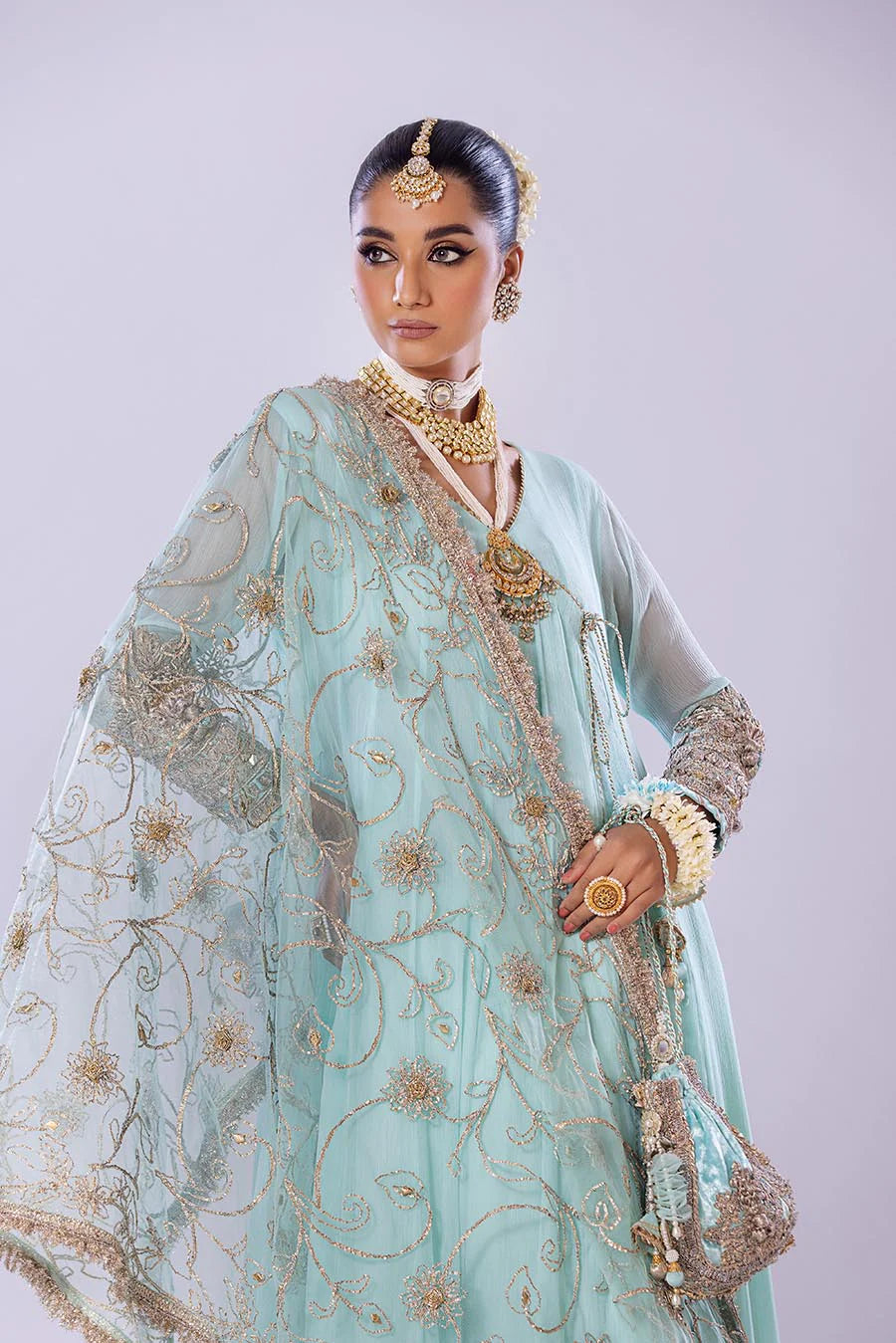 Khuda Baksh Turquoise Chiffon Embroidered Suit (P-256)